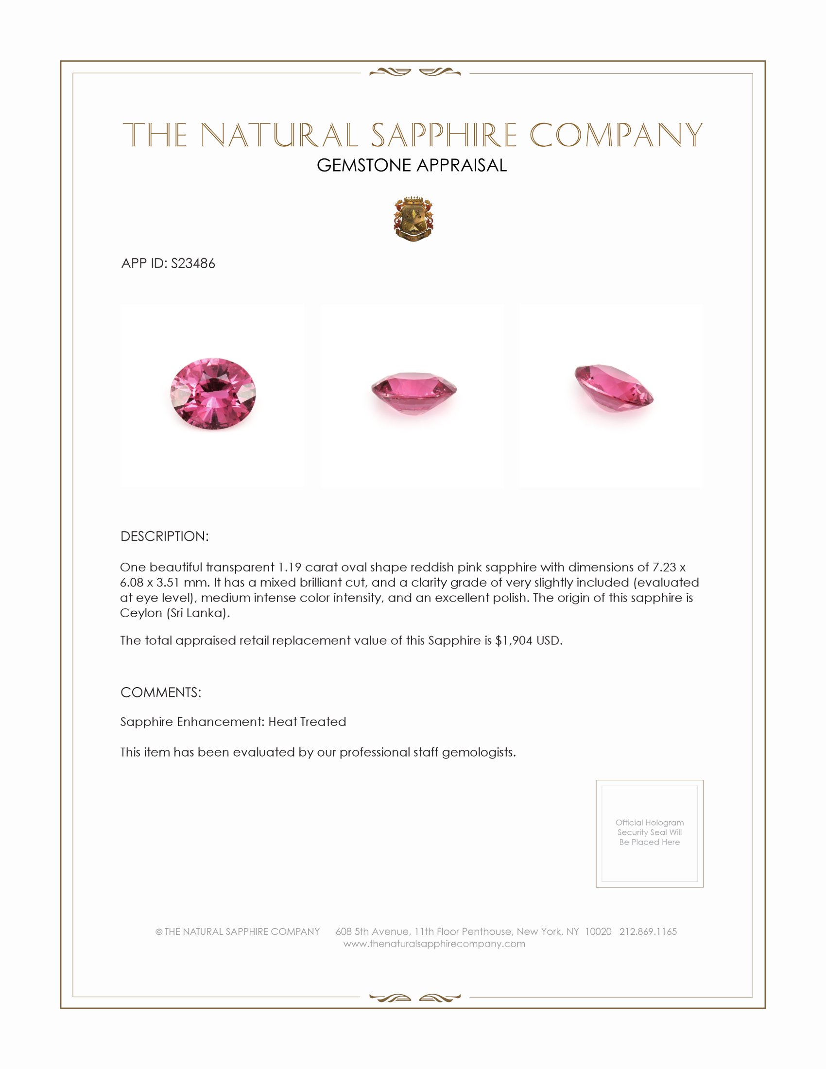 1.19 Ct. Reddish Pink Sapphire from Ceylon (Sri Lanka)