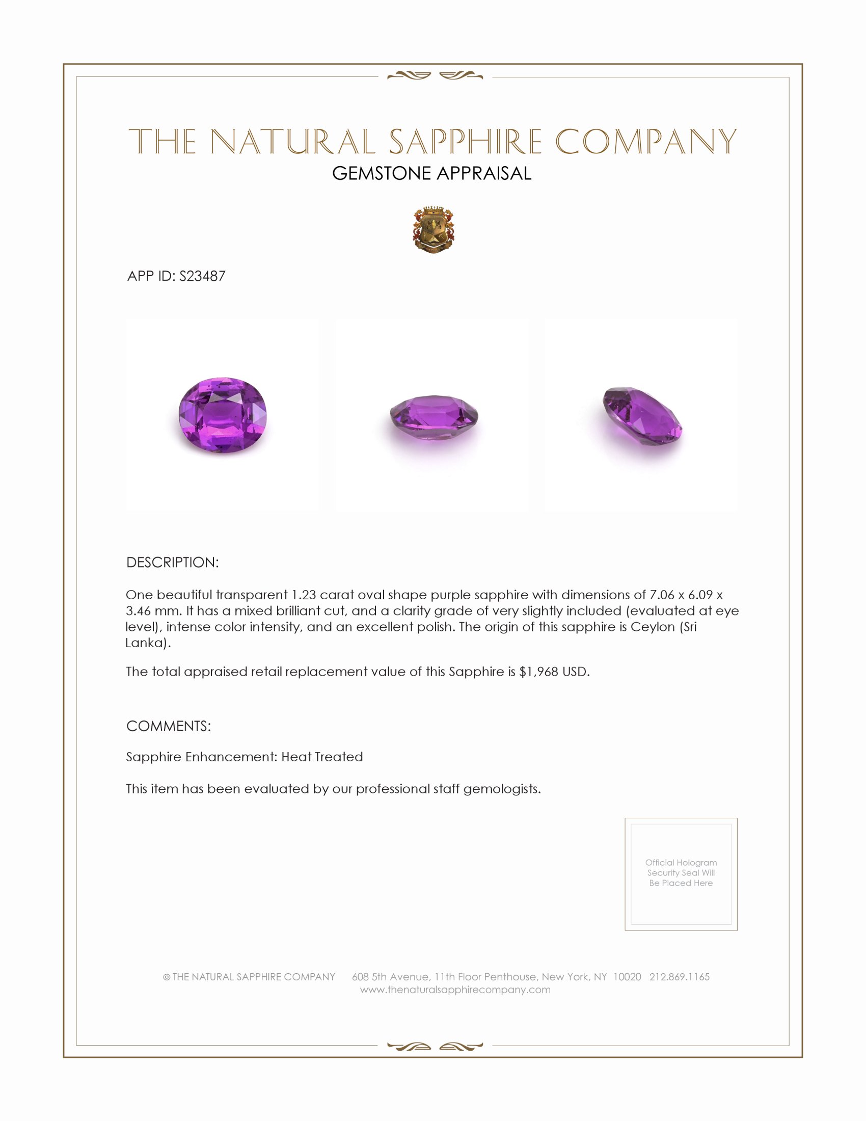1.23 Ct. Pinkish Purple Sapphire from Ceylon (Sri Lanka)