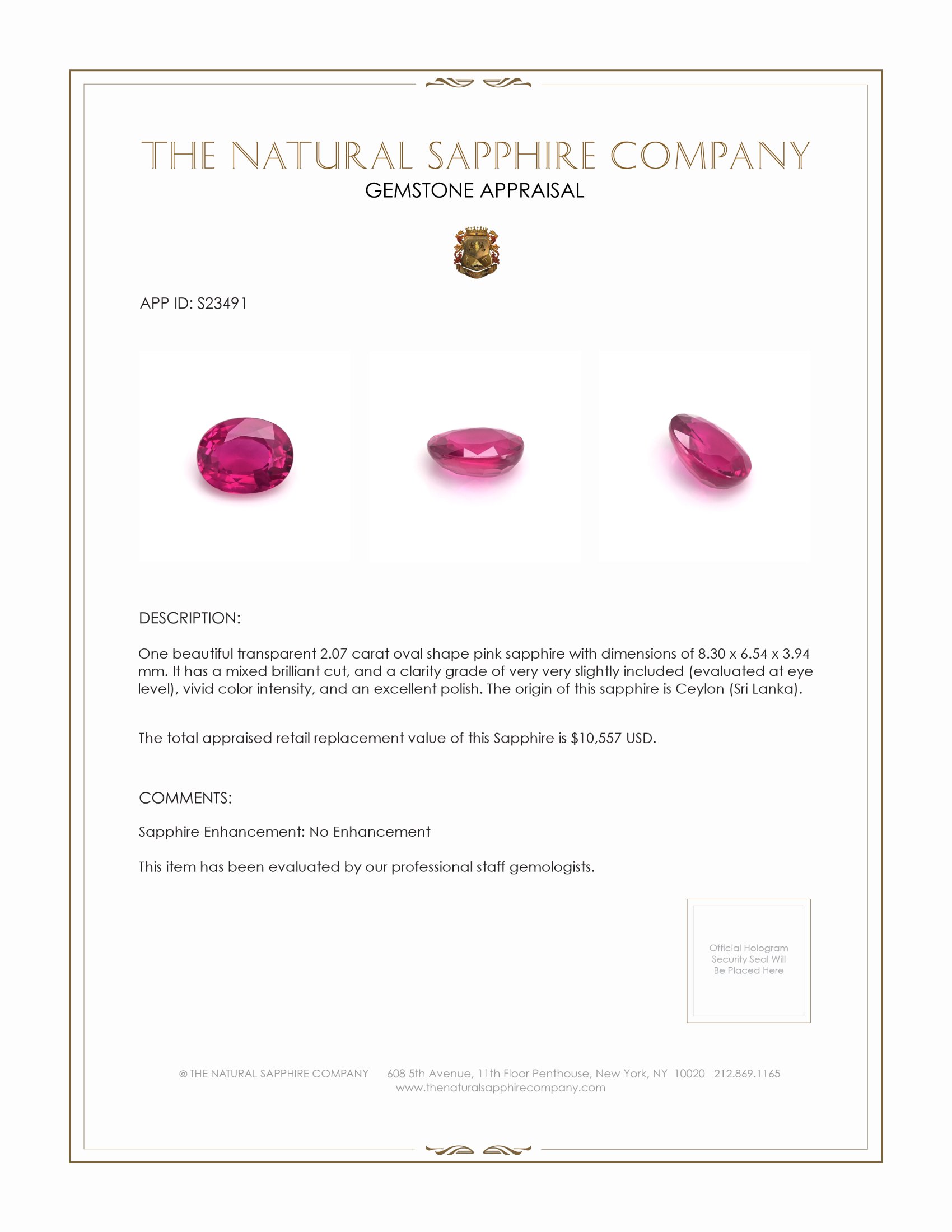 2.07 Ct. Pink Sapphire from Ceylon (Sri Lanka)