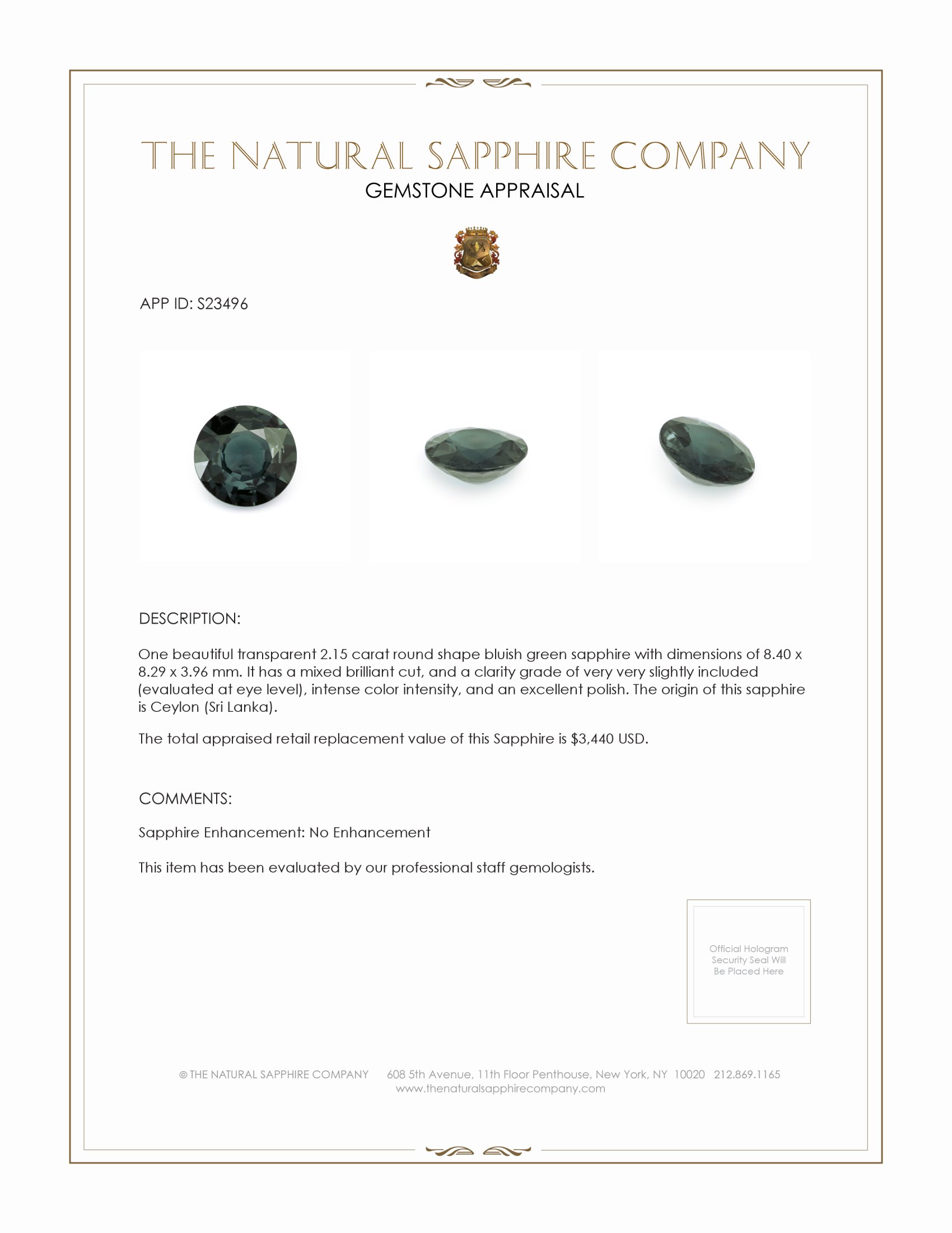 2.15 Ct. Bluish Green Sapphire from Ceylon (Sri Lanka)