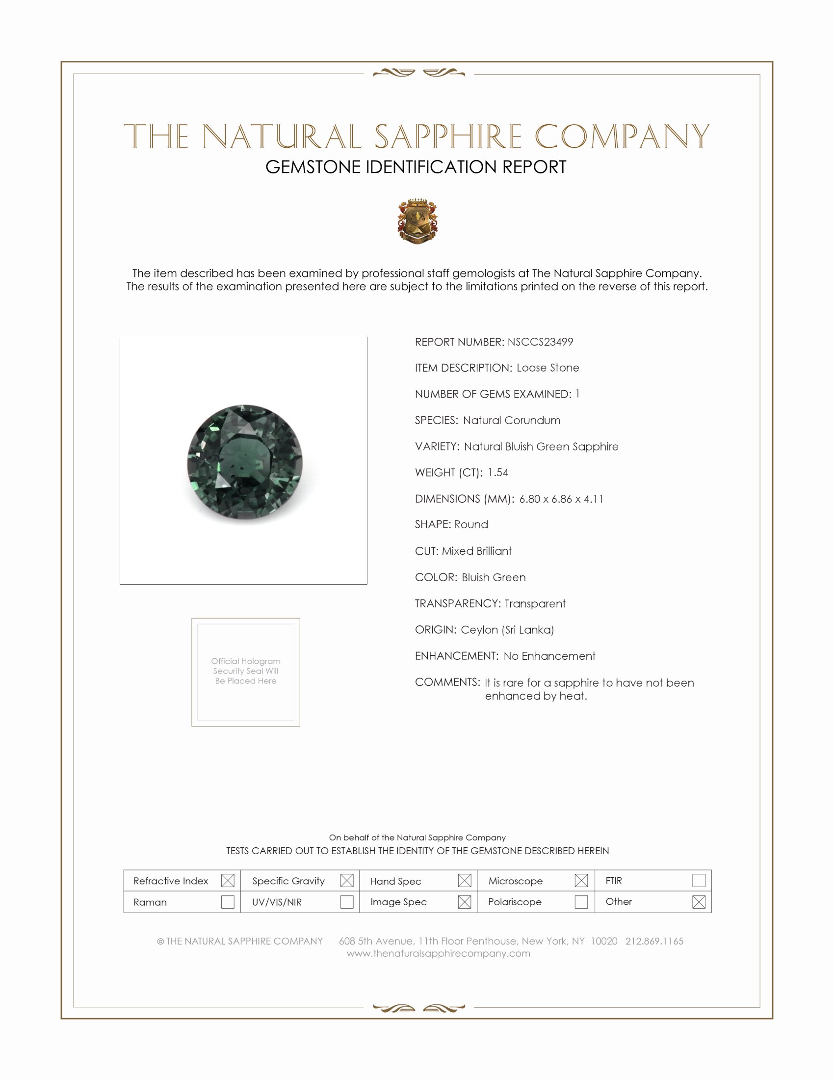 1.54 Ct. Bluish Green Sapphire from Ceylon (Sri Lanka)
