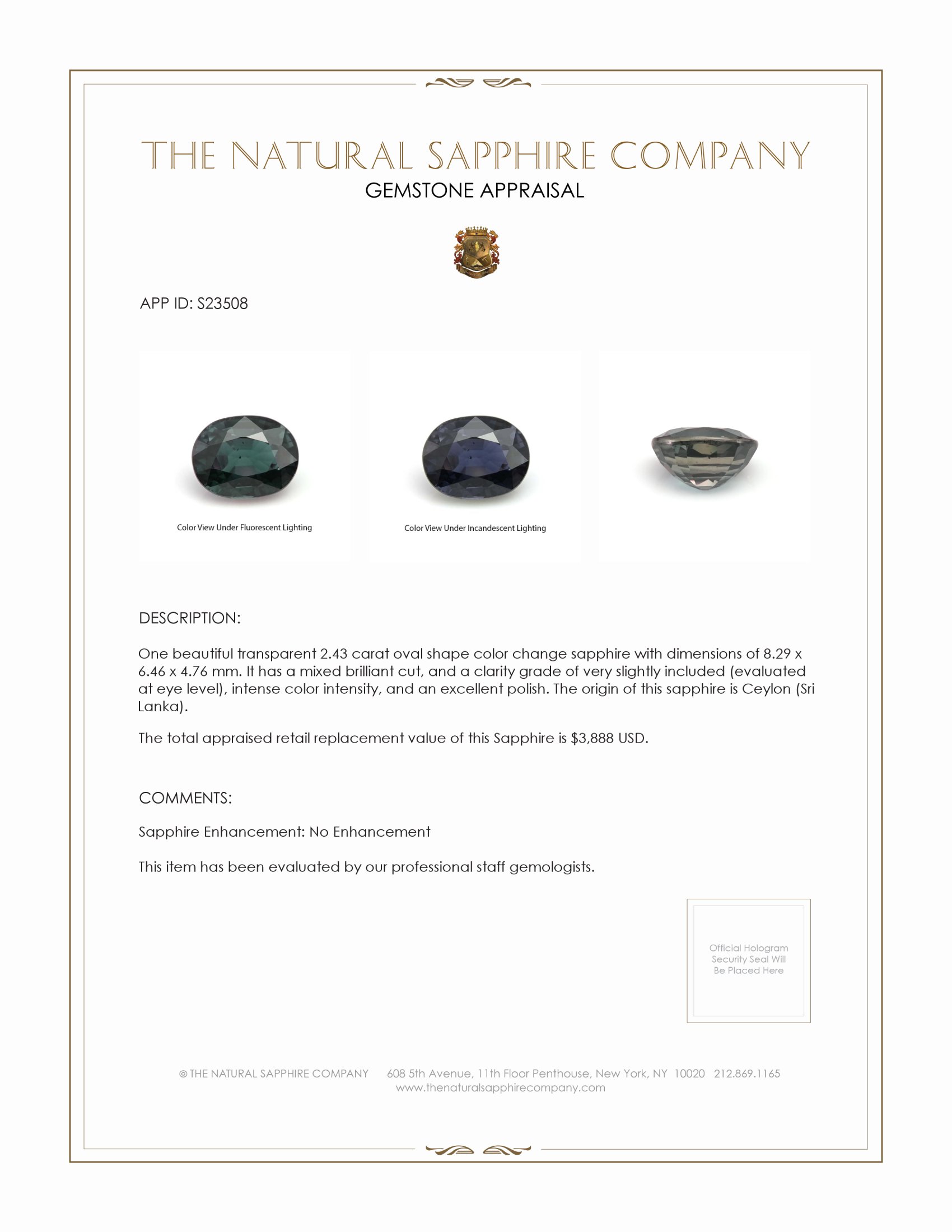 2.43 Ct. Color Change Sapphire from Ceylon (Sri Lanka)