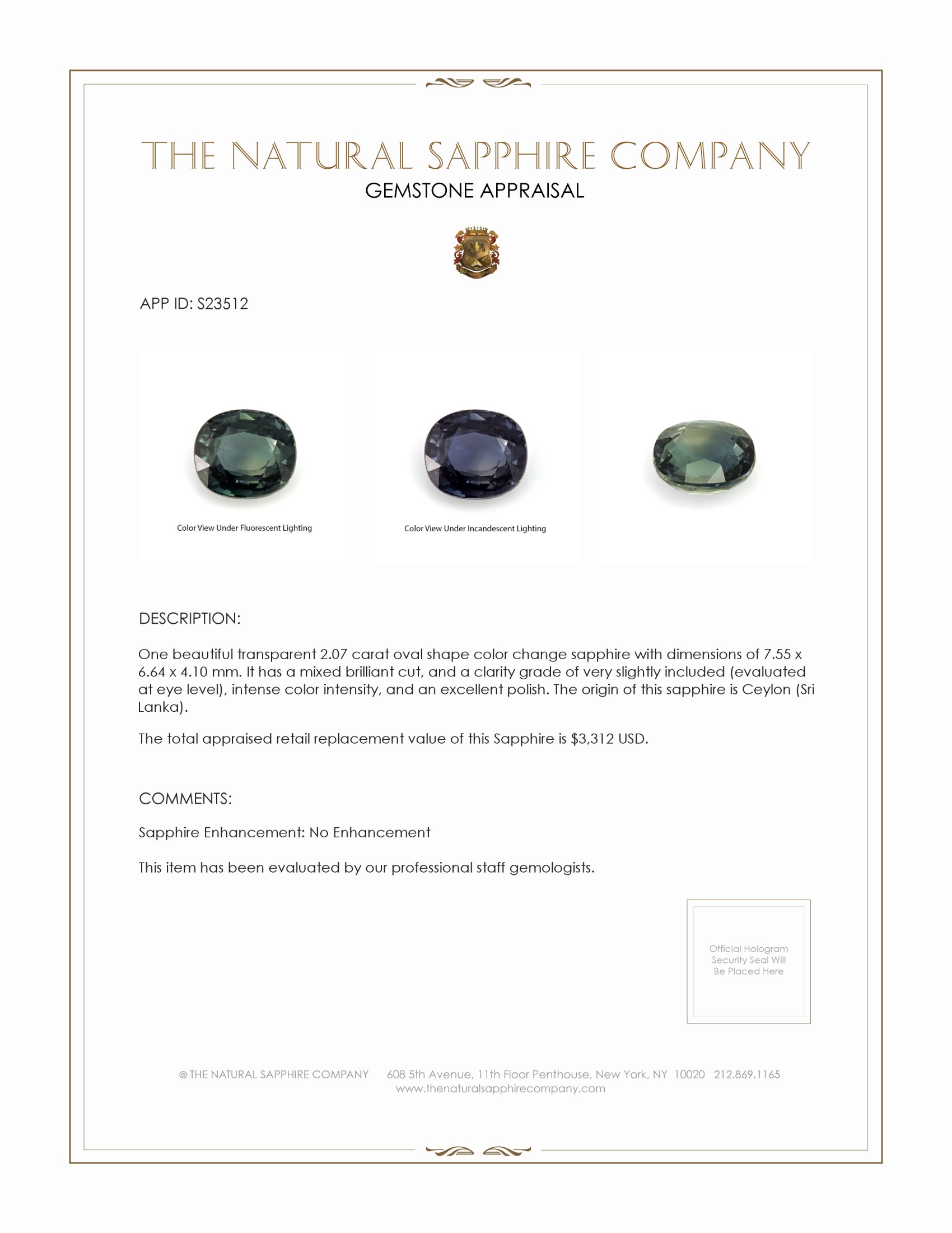 2.07 Ct. Color Change Sapphire from Ceylon (Sri Lanka)