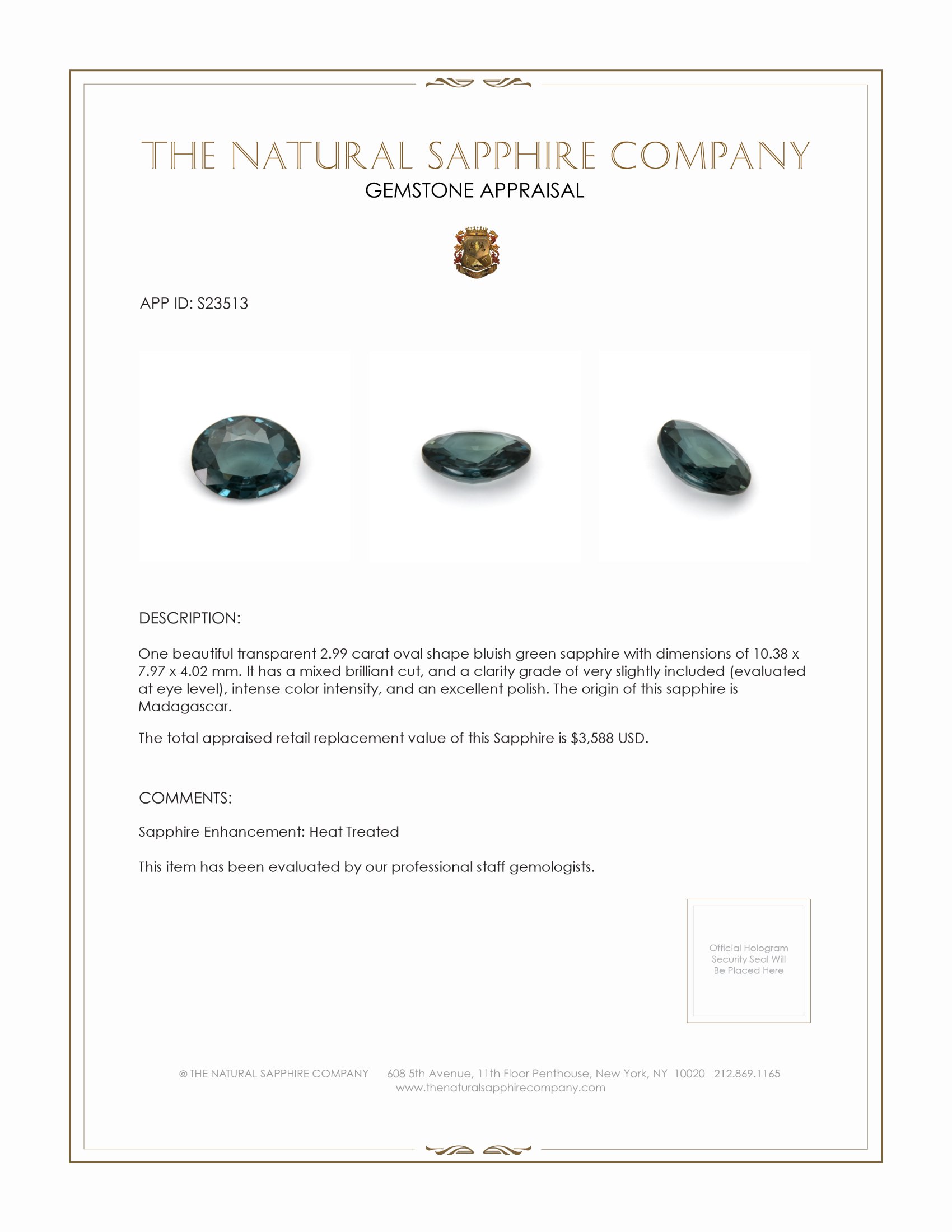 2.99 Ct. Bluish Green Sapphire from Madagascar