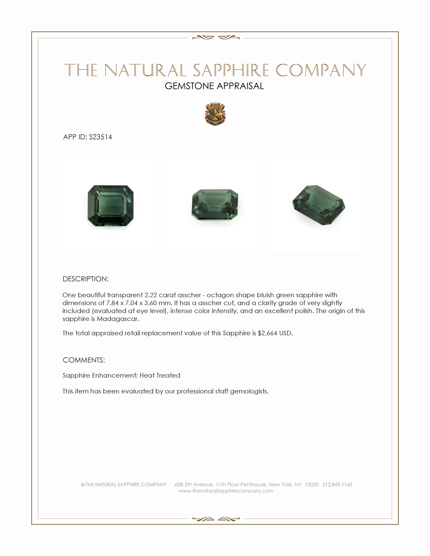 2.22 Ct. Bluish Green Sapphire from Madagascar