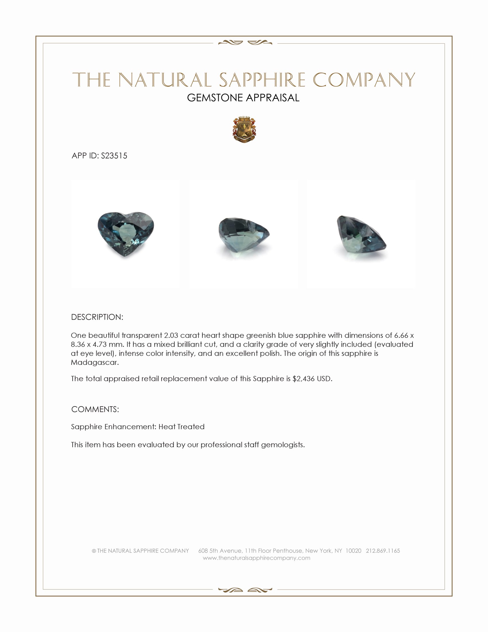 2.03 Ct. Greenish Blue Sapphire from Madagascar