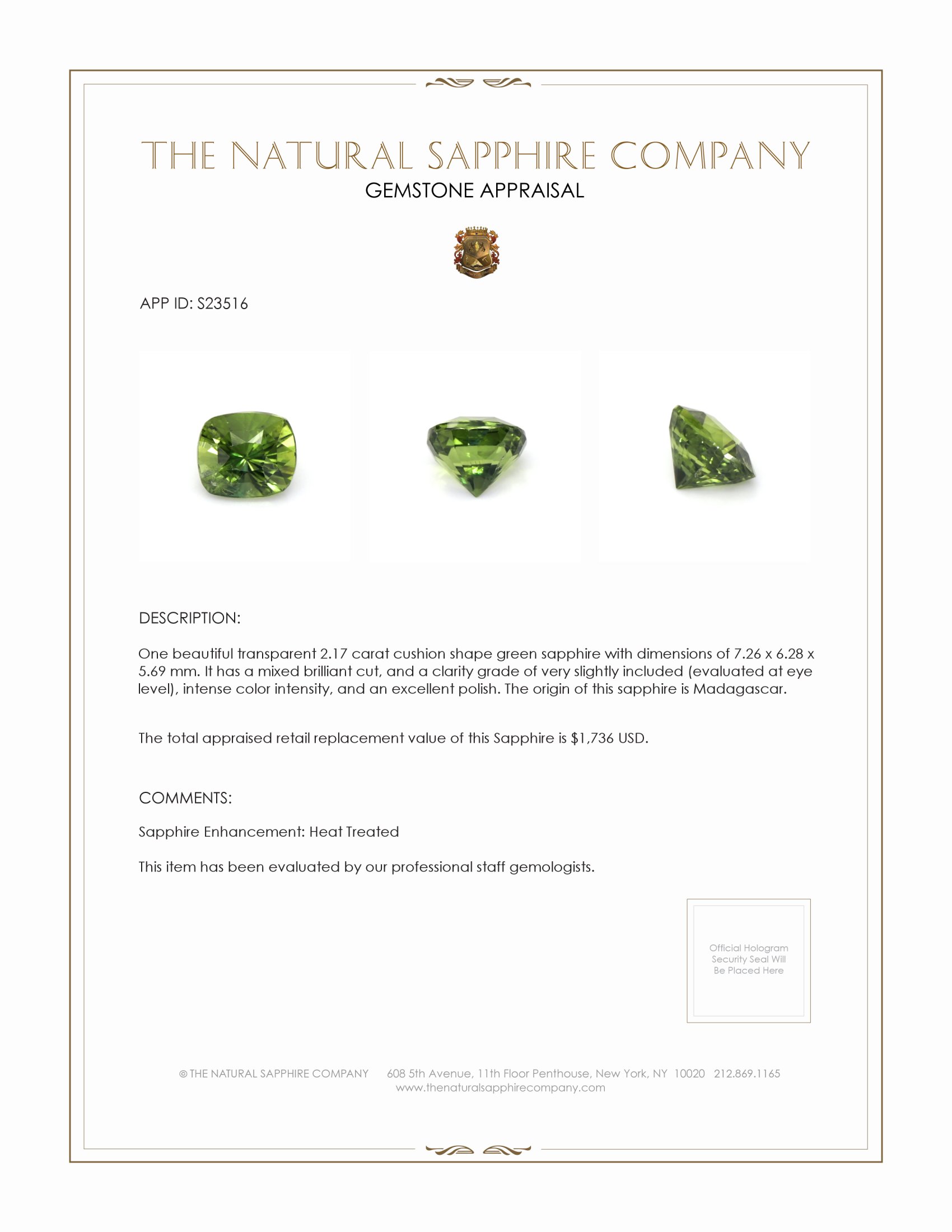 2.17 Ct. Green Sapphire from Madagascar