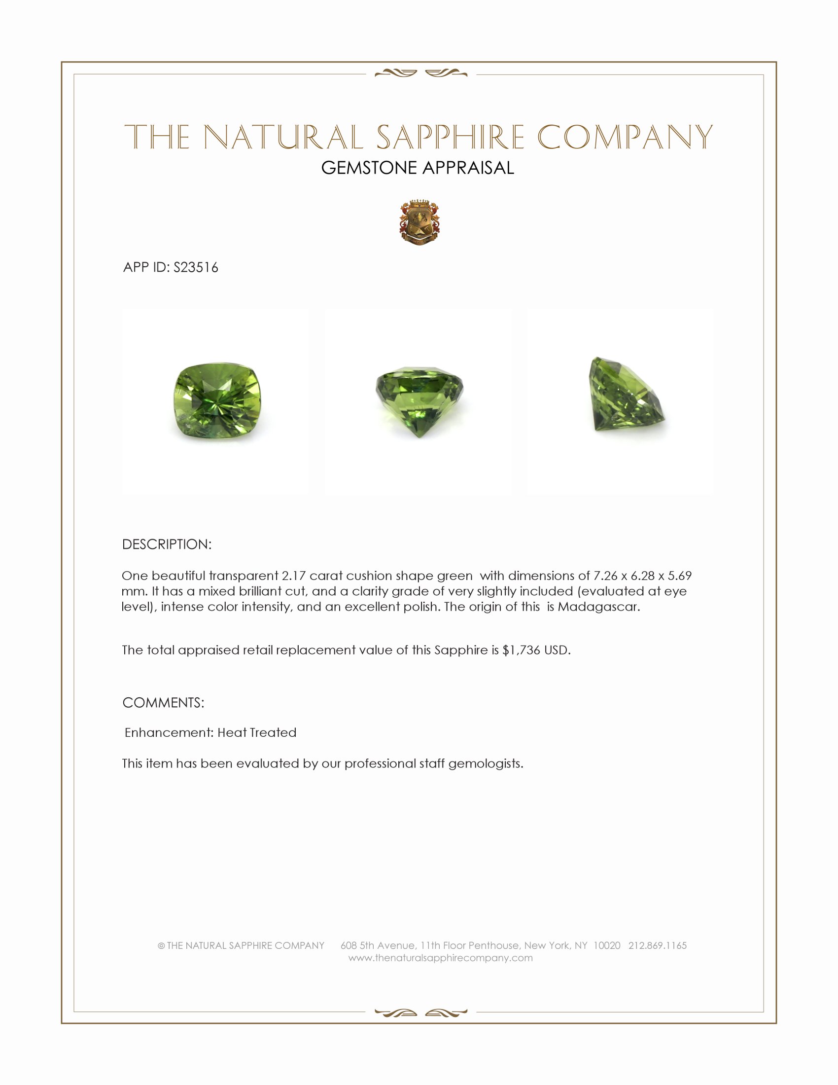 2.17 Ct. Green Sapphire from Madagascar