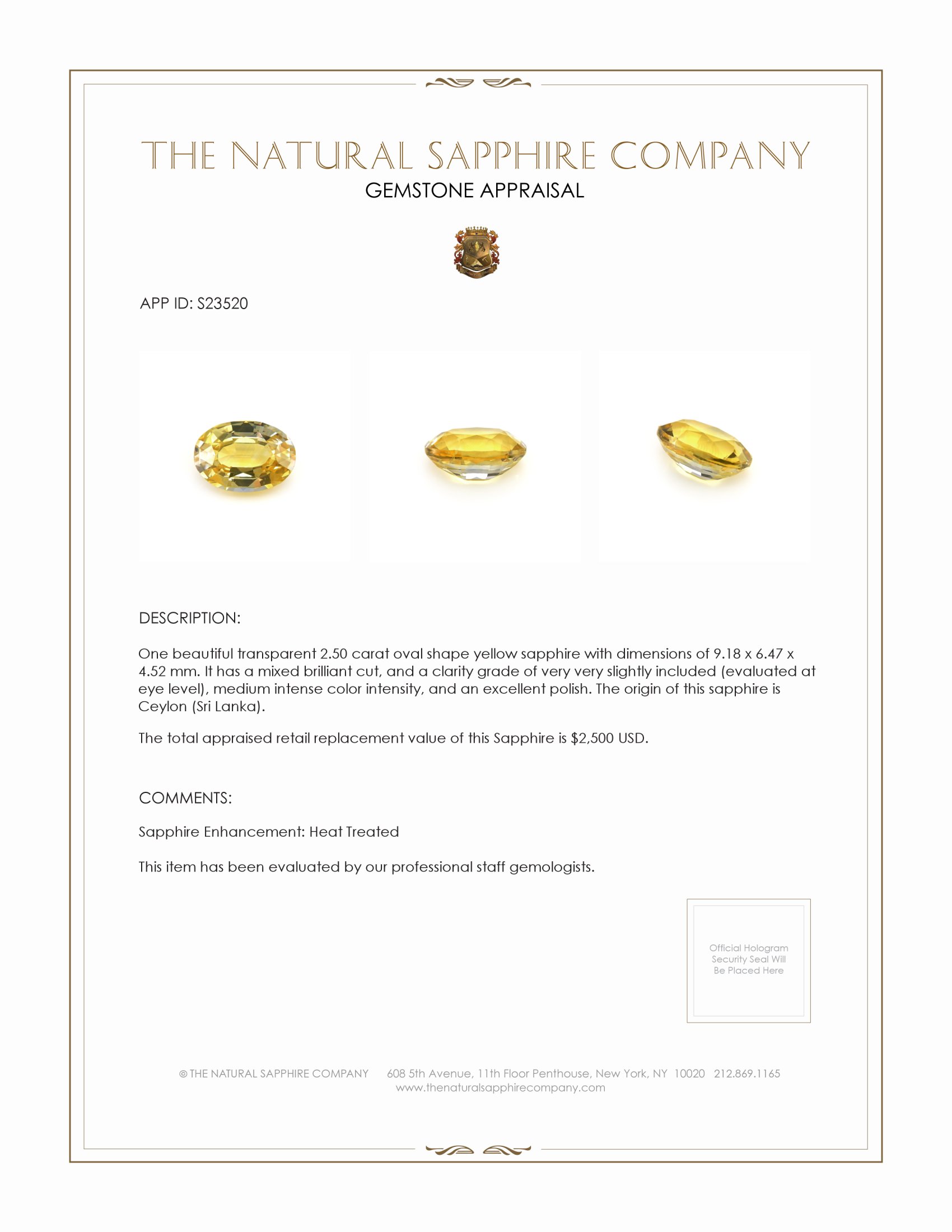 2.50 Ct. Yellow Sapphire from Ceylon (Sri Lanka)