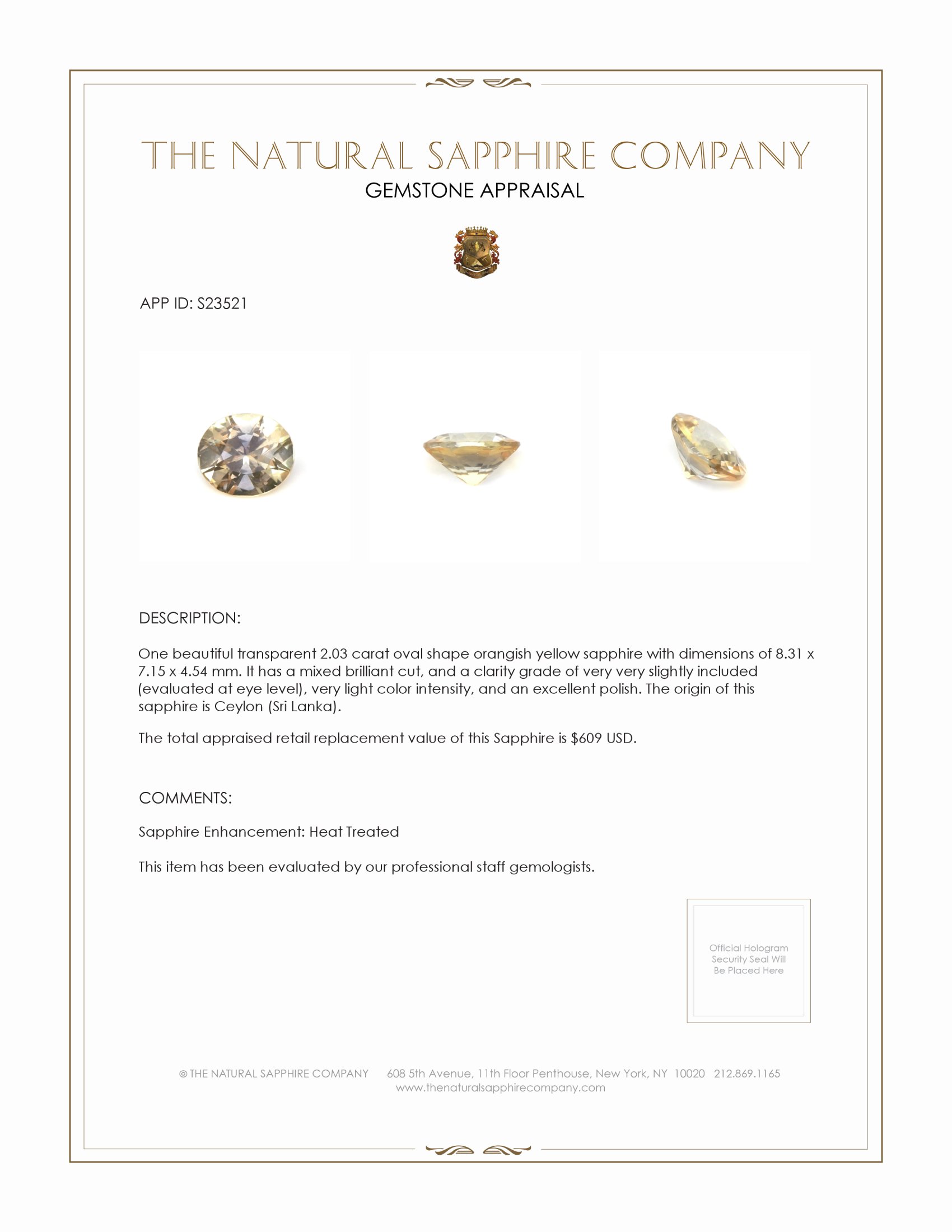 2.03 Ct. Orangish Yellow Sapphire from Ceylon (Sri Lanka)