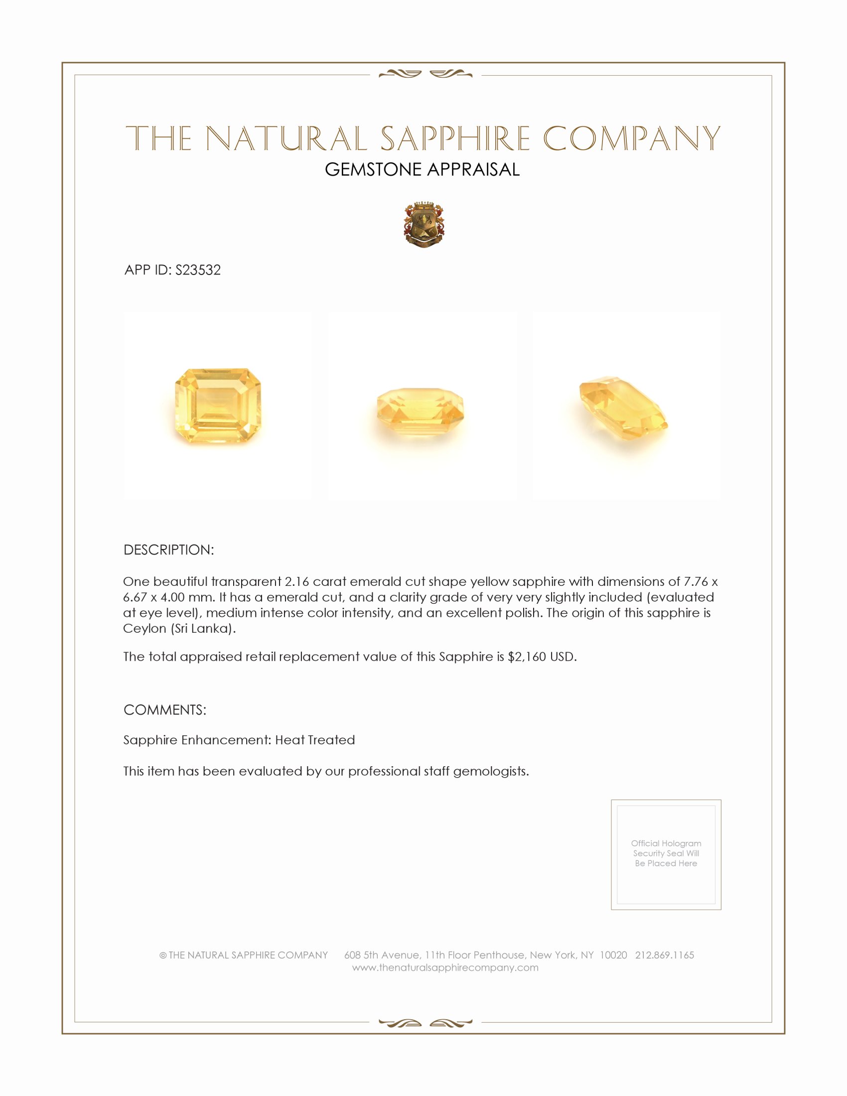 2.16 Ct. Yellow Sapphire from Ceylon (Sri Lanka)