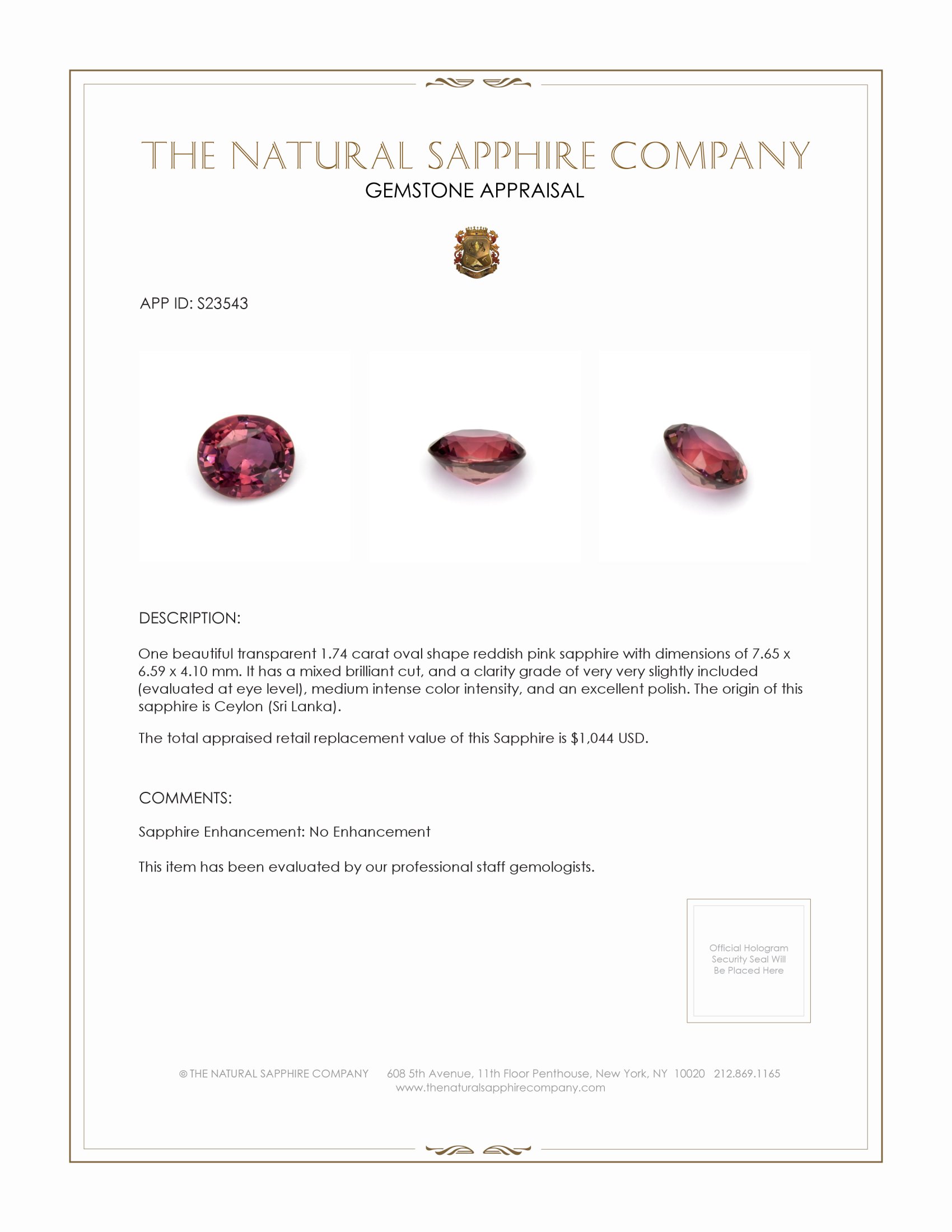 1.74 Ct. Reddish Pink Sapphire from Ceylon (Sri Lanka)