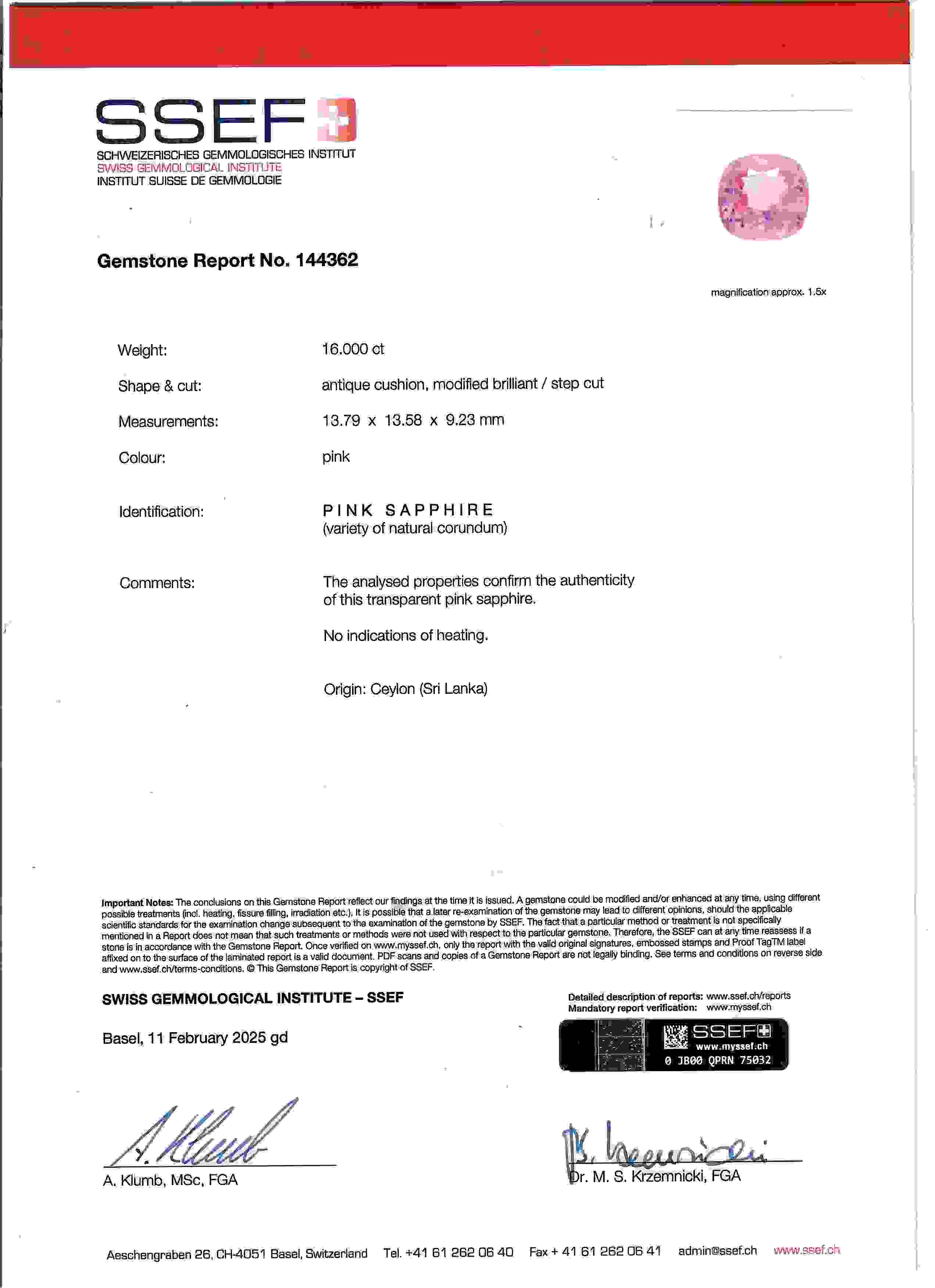 16.00 Ct. Pink Sapphire from Ceylon (Sri Lanka)