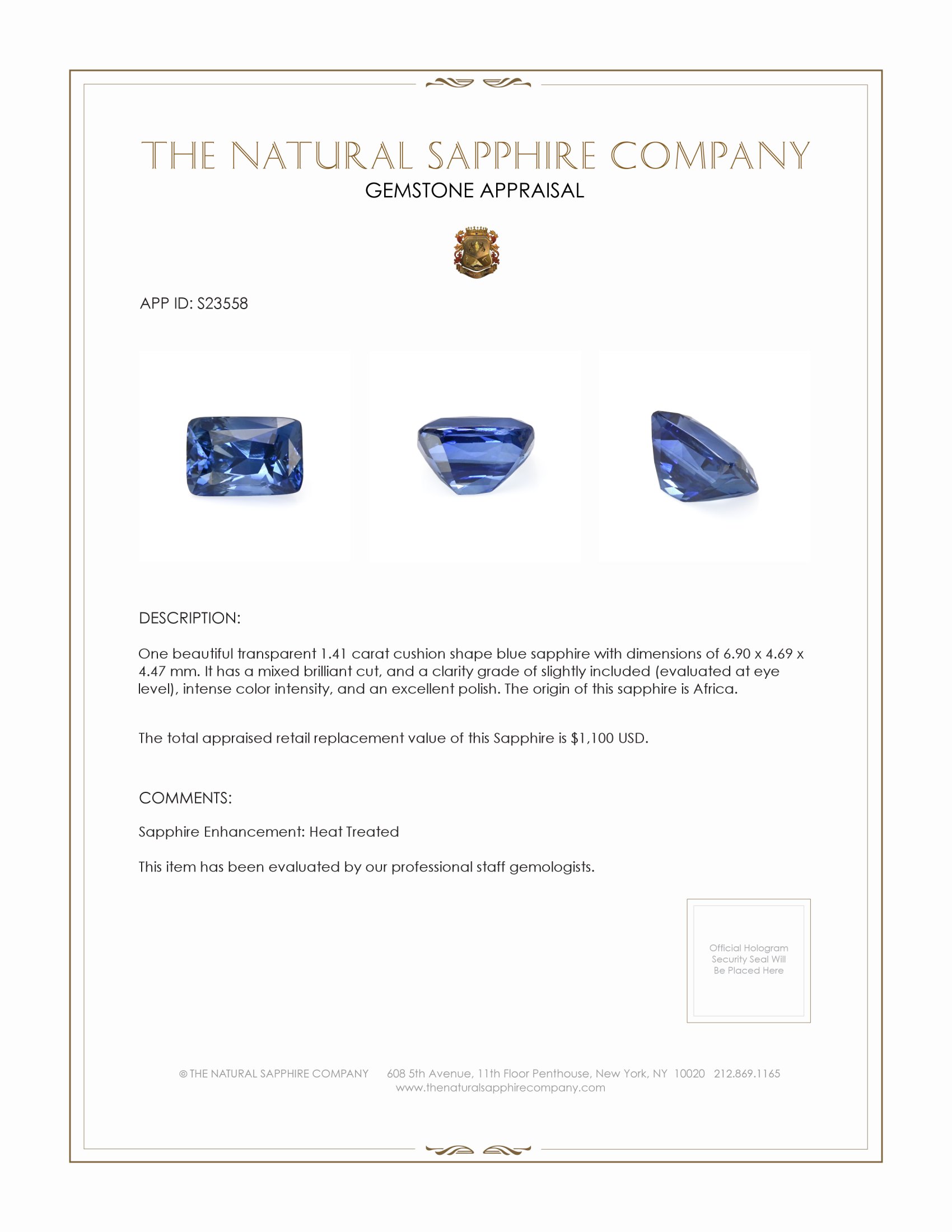 1.41 Ct. Blue Sapphire from Africa