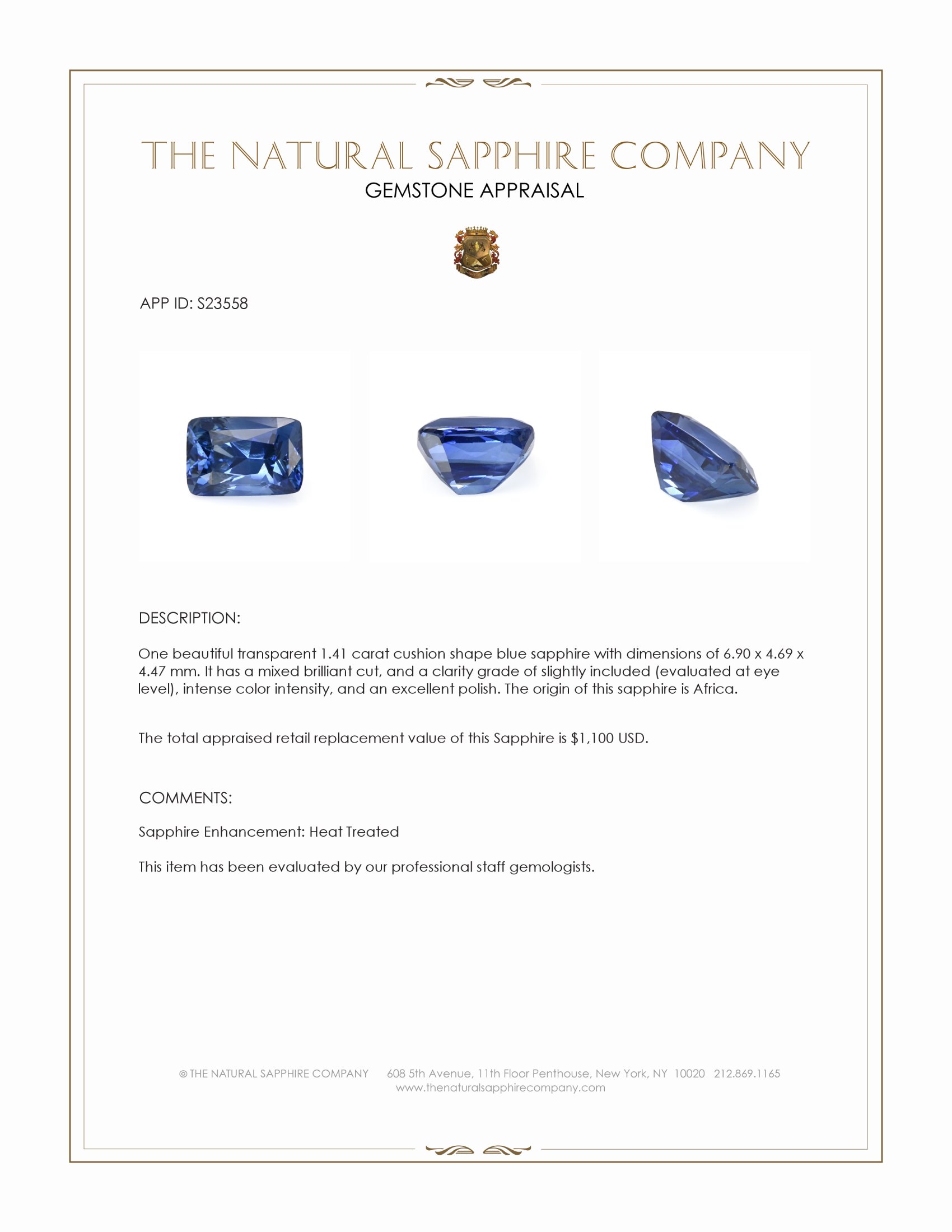 1.41 Ct. Blue Sapphire from Africa