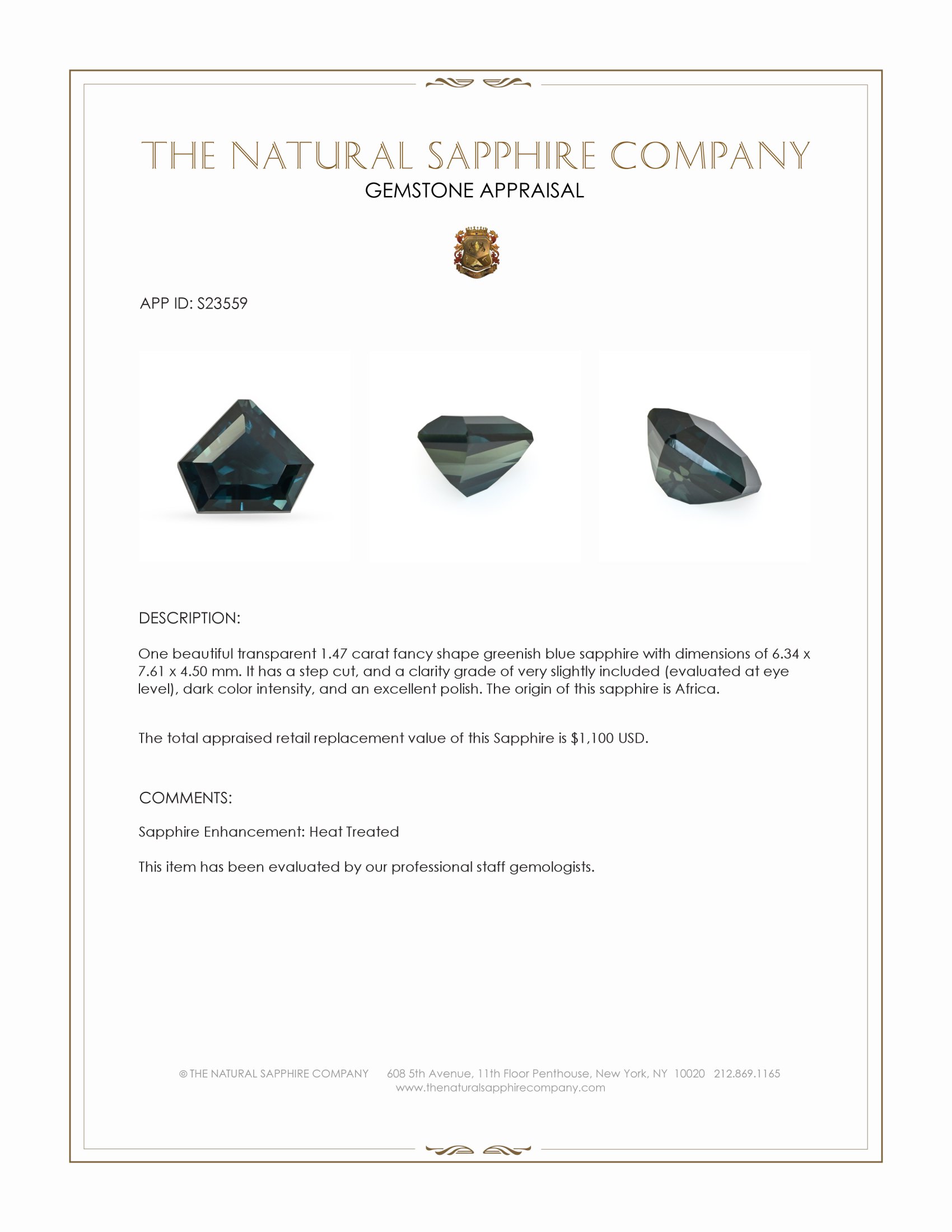 1.47 Ct. Greenish Blue Sapphire from Africa