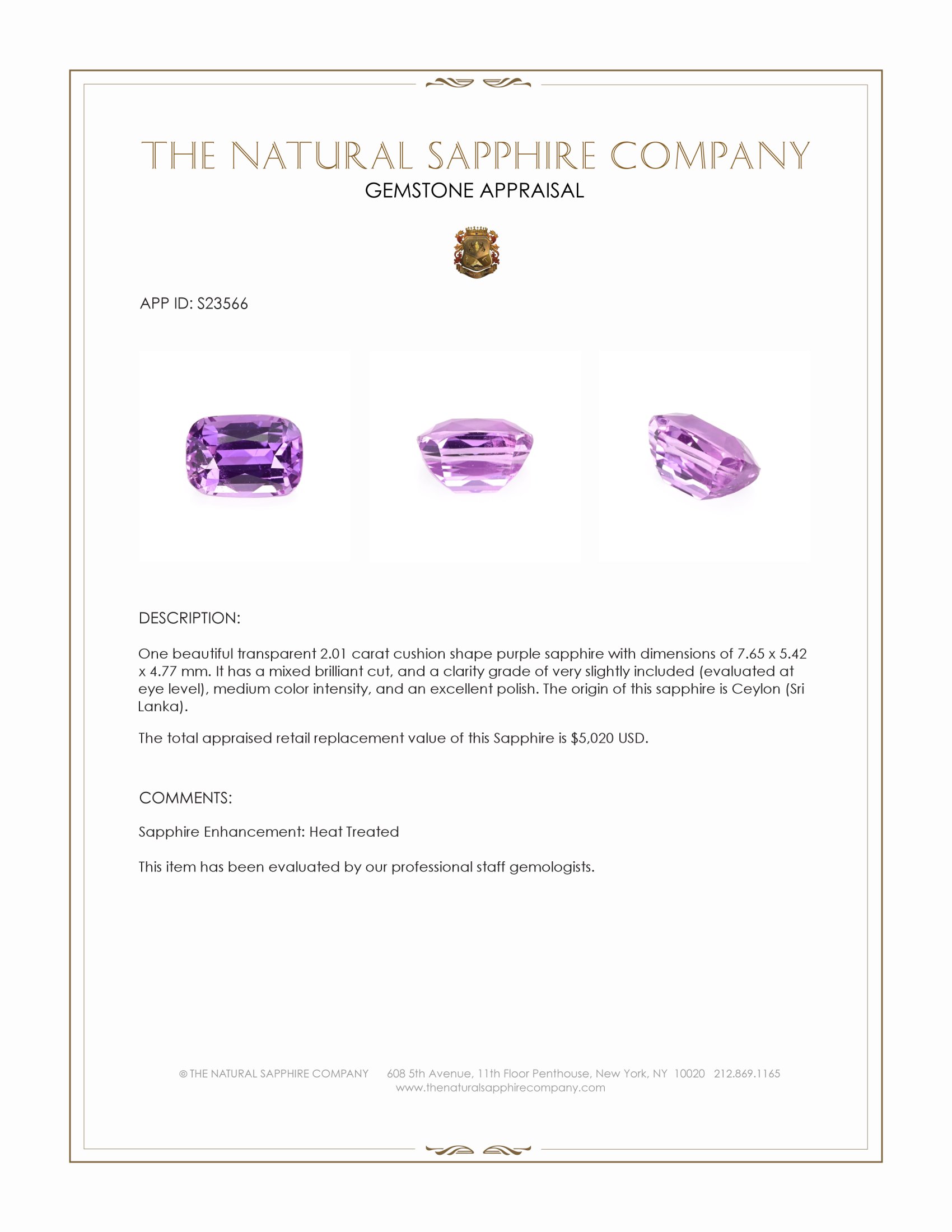 2.01 Ct. Purple Sapphire from Ceylon (Sri Lanka)