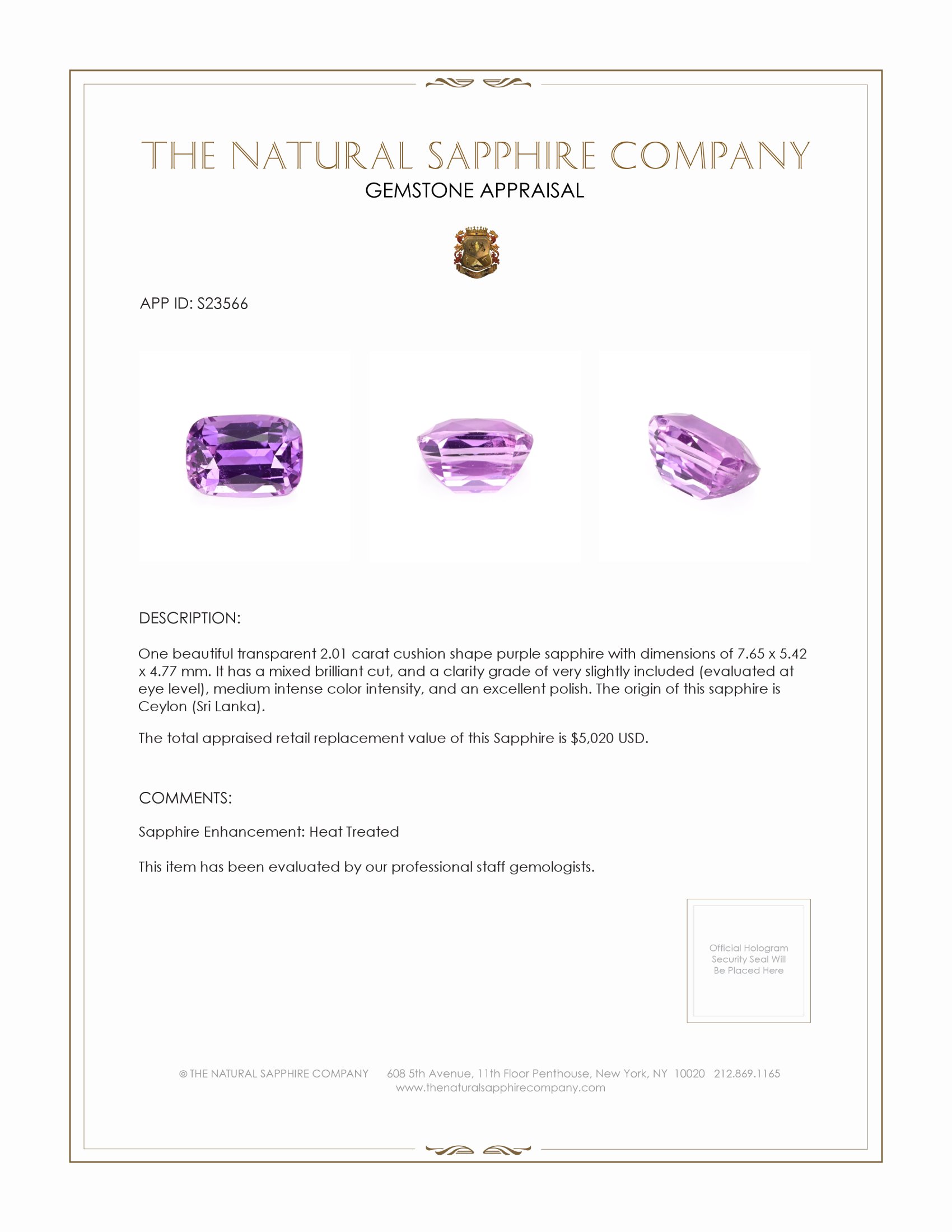 2.01 Ct. Purple Sapphire from Ceylon (Sri Lanka)