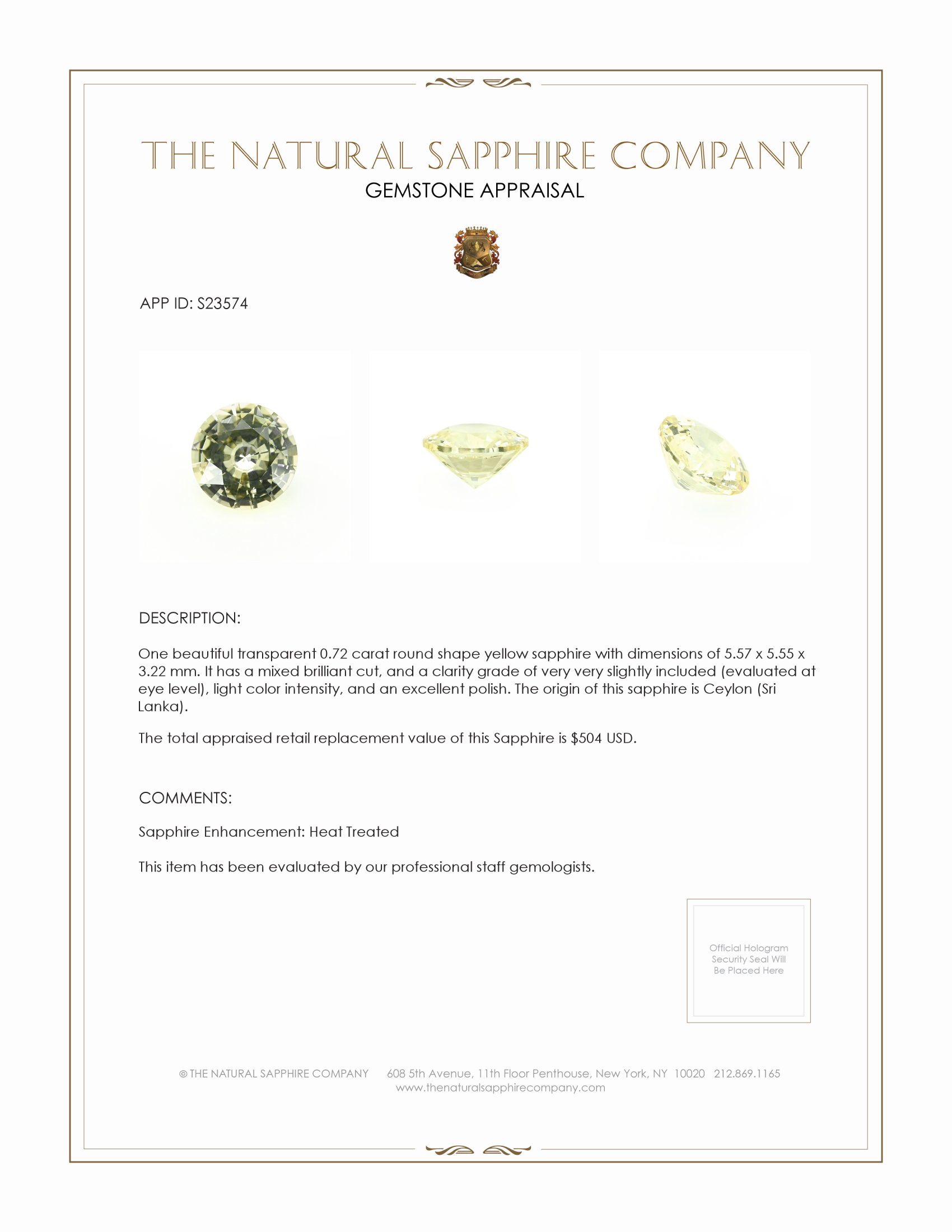 0.72 Ct. Yellow Sapphire from Ceylon (Sri Lanka)