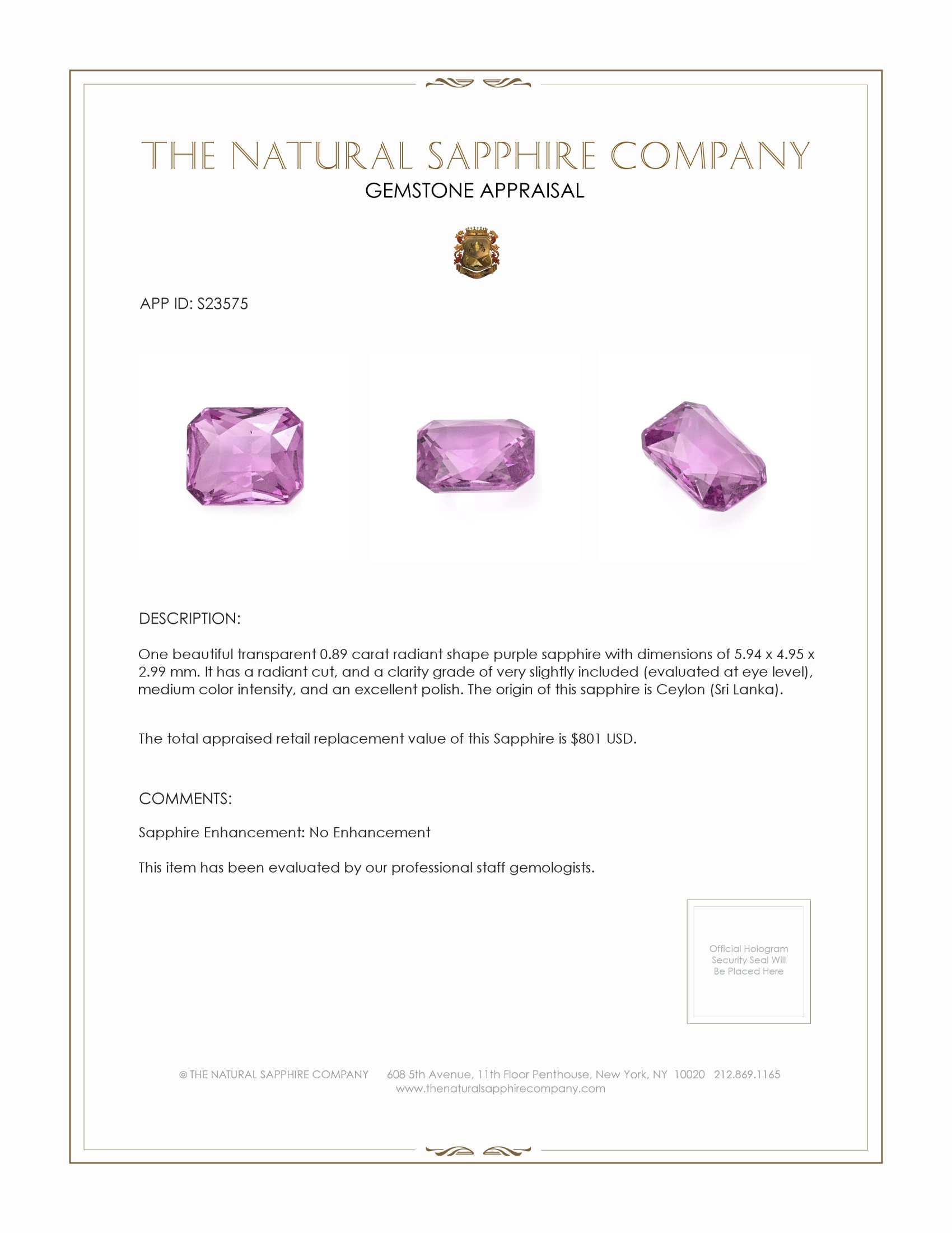0.89 Ct. Purple Sapphire from Ceylon (Sri Lanka)
