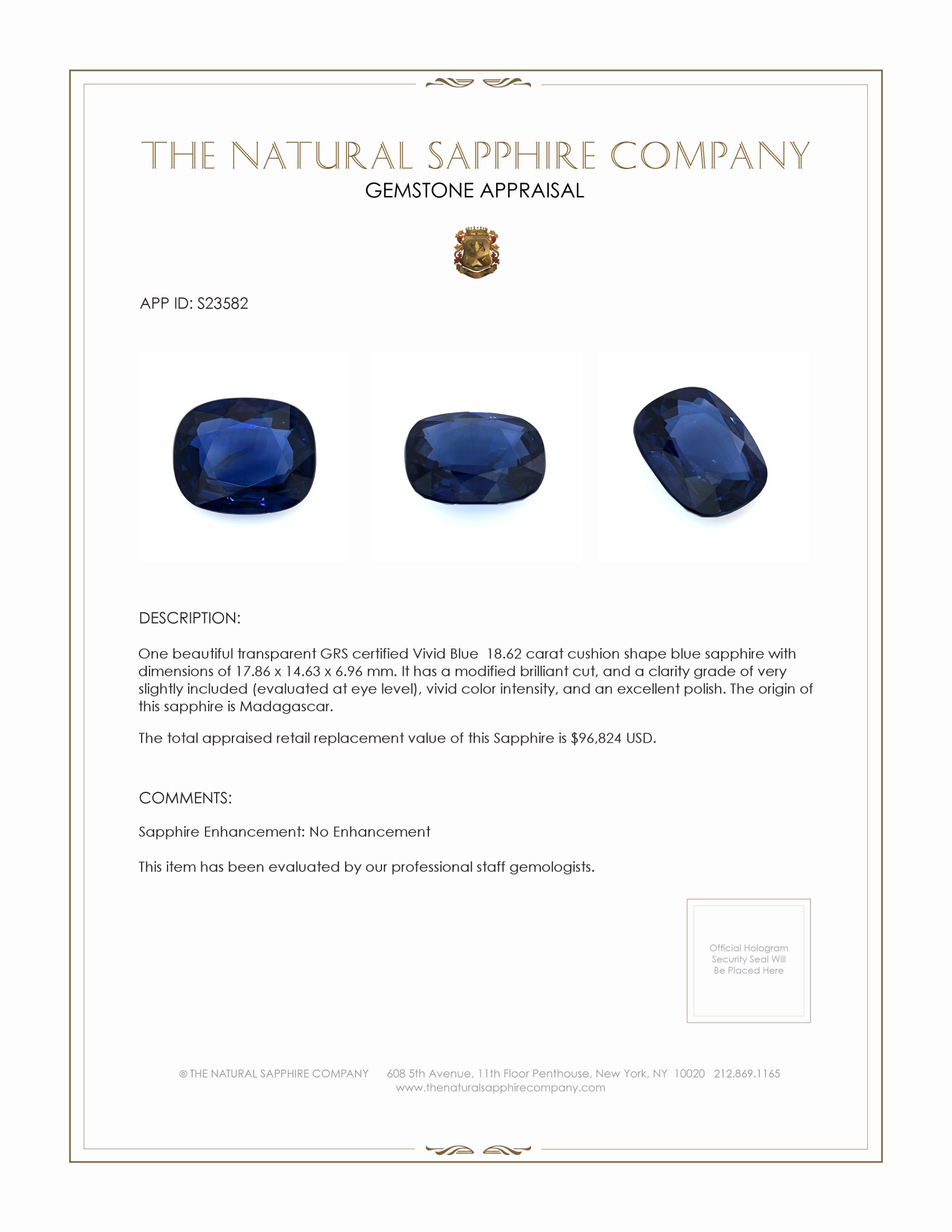 18.62 Ct. Blue Sapphire from Madagascar