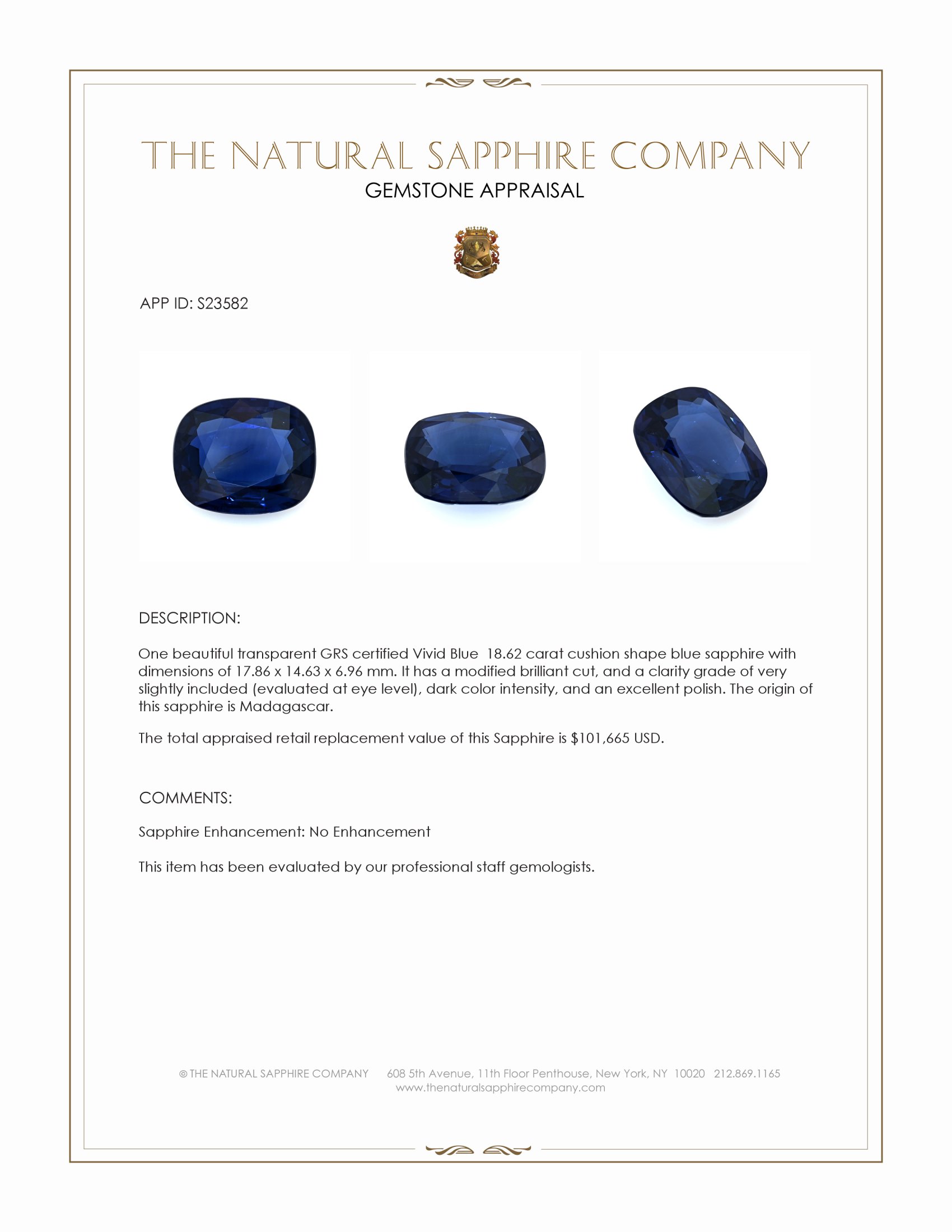 18.62 Ct. Blue Sapphire from Madagascar