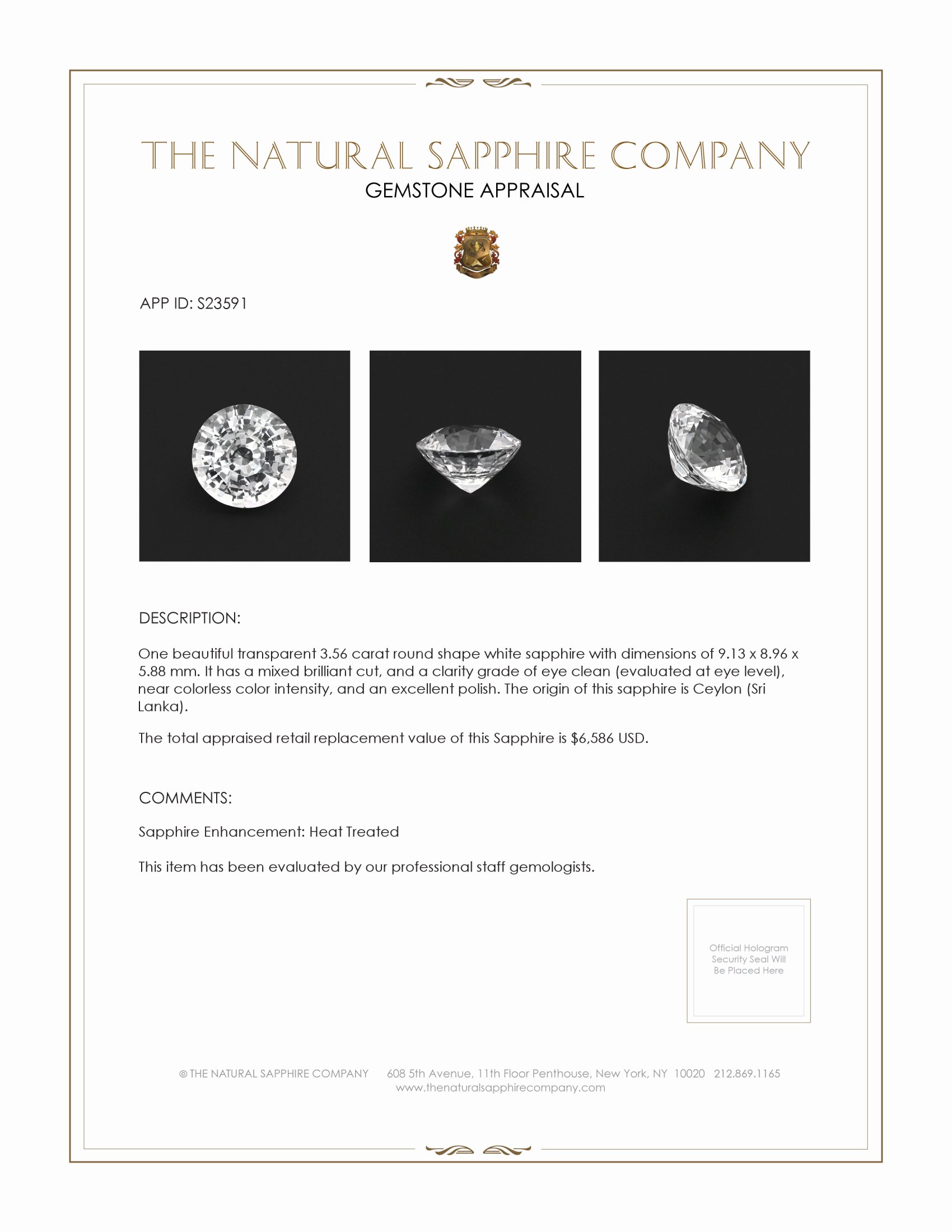 3.56 Ct. White Sapphire from Ceylon (Sri Lanka)