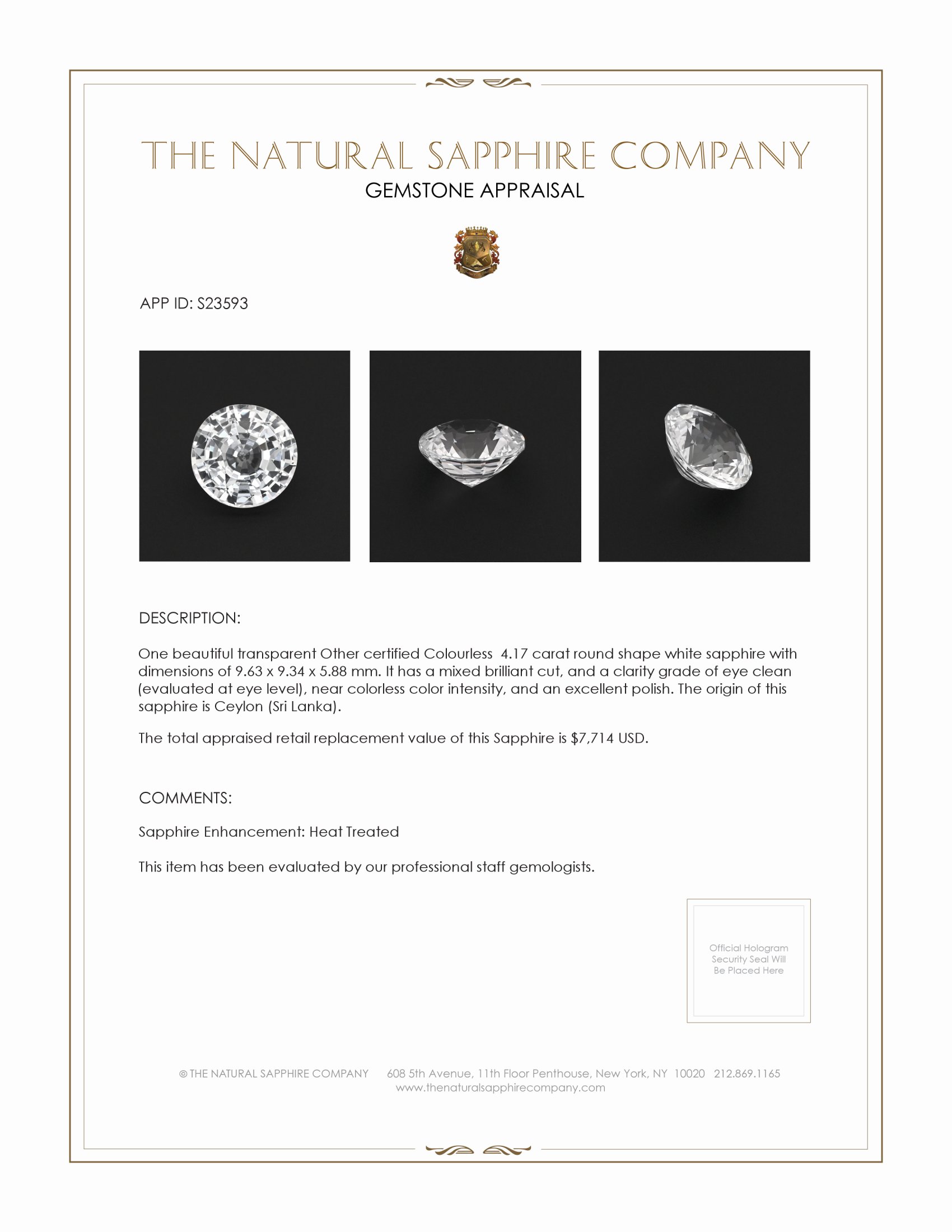 4.17 Ct. White Sapphire from Ceylon (Sri Lanka)