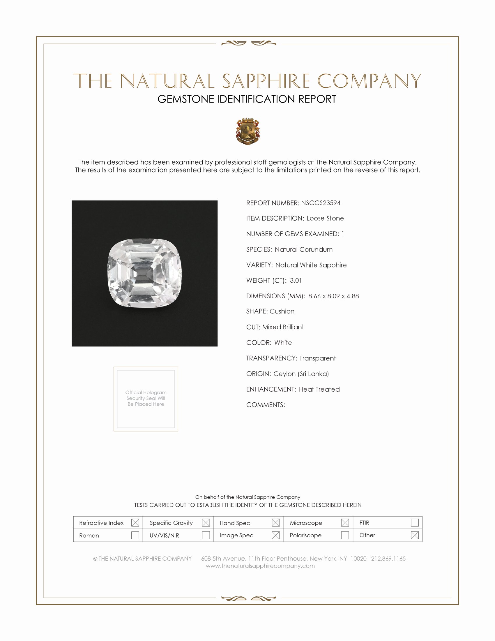 3.01 Ct. White Sapphire from Ceylon (Sri Lanka)