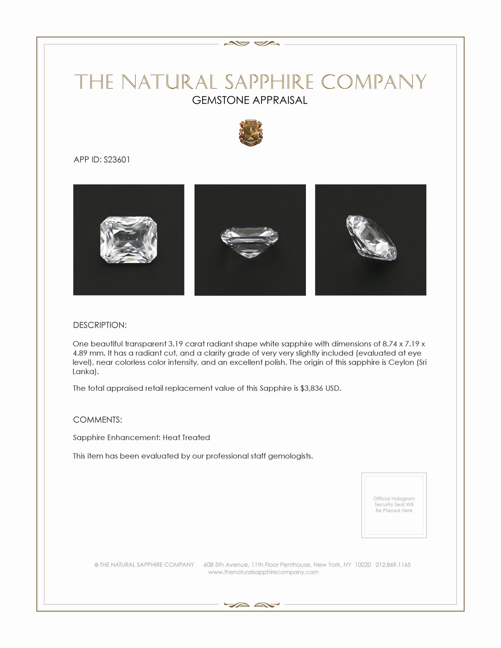3.19 Ct. White Sapphire from Ceylon (Sri Lanka)