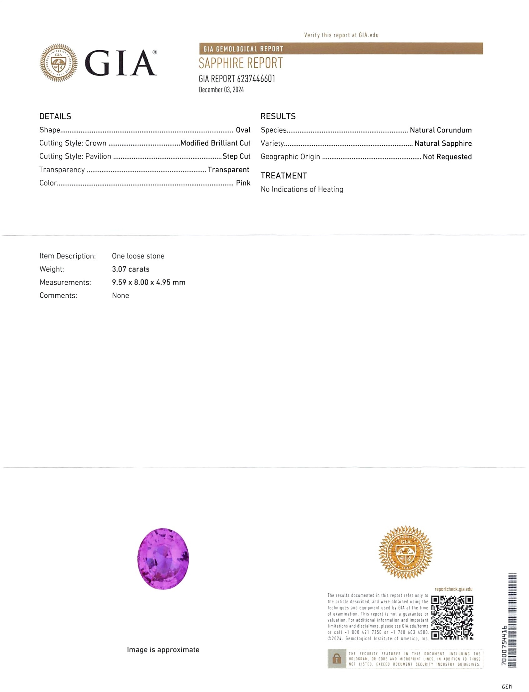 3.07 Ct. Pink Sapphire from Ceylon (Sri Lanka)