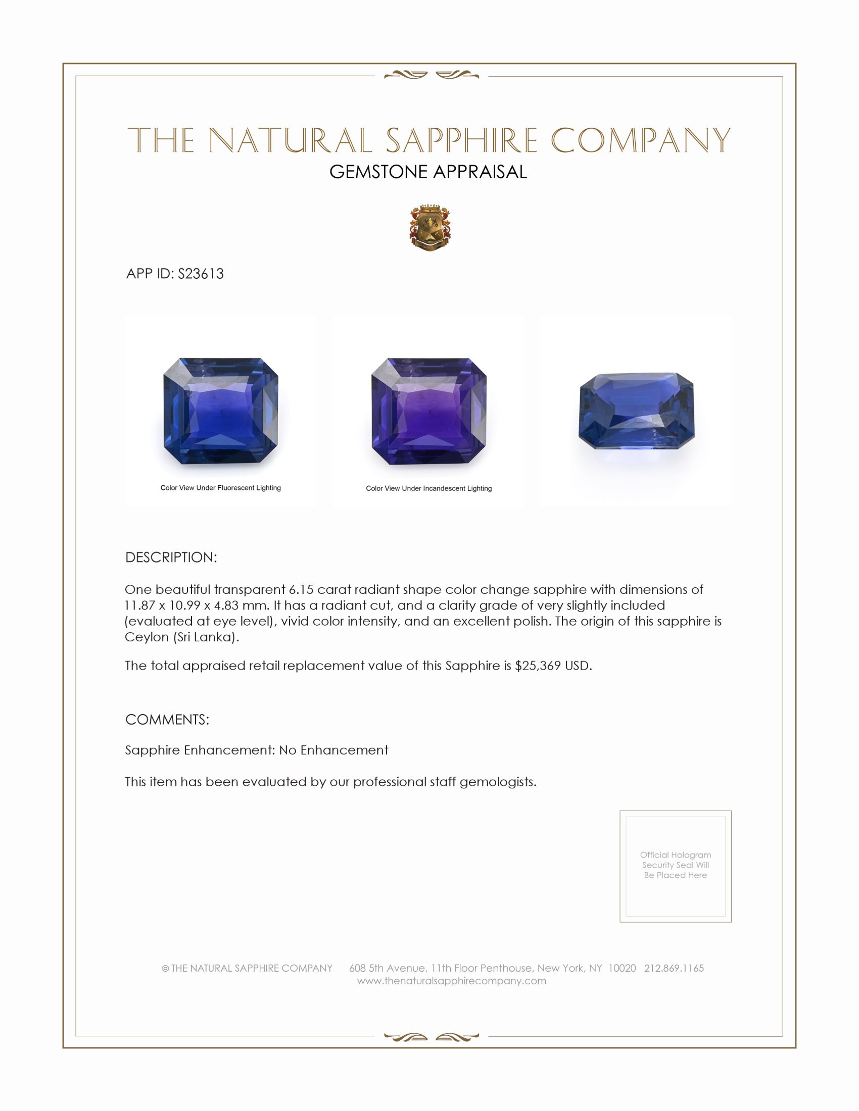 6.15 Ct. Color Change Sapphire from Ceylon (Sri Lanka)