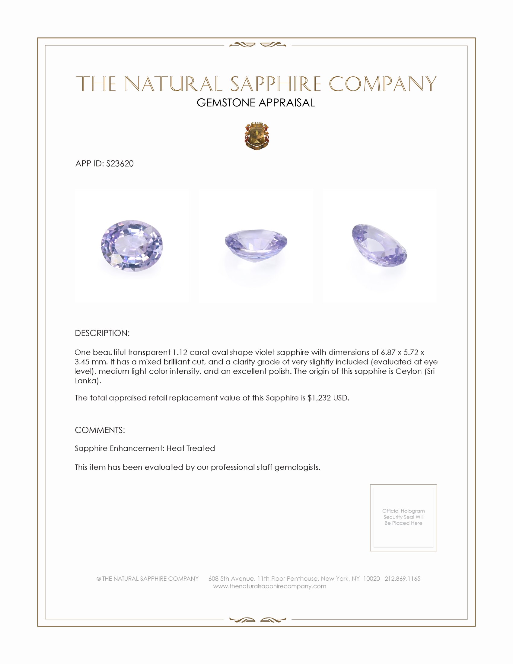 1.12 Ct. Violet Sapphire from Ceylon (Sri Lanka)