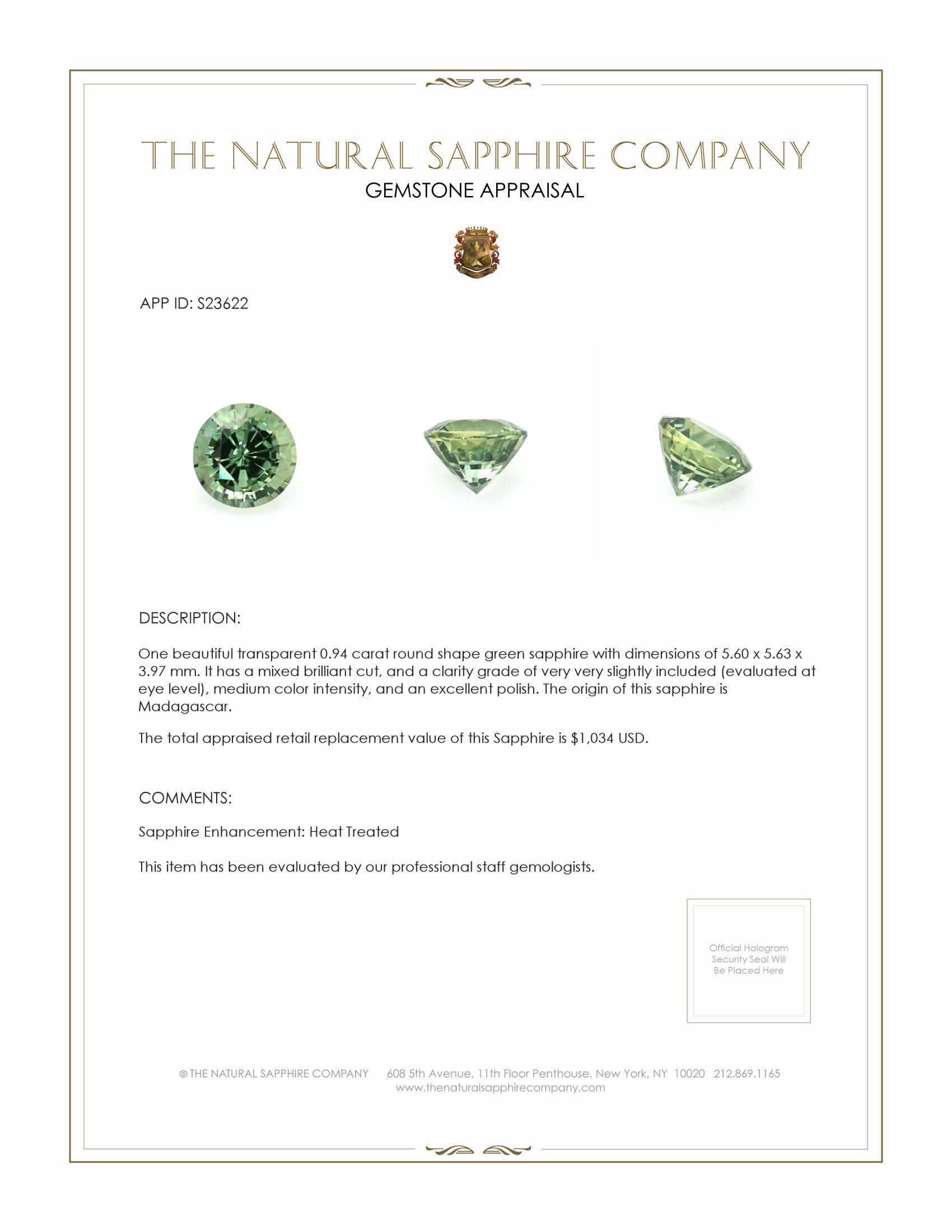 0.94 Ct. Green Sapphire from Madagascar