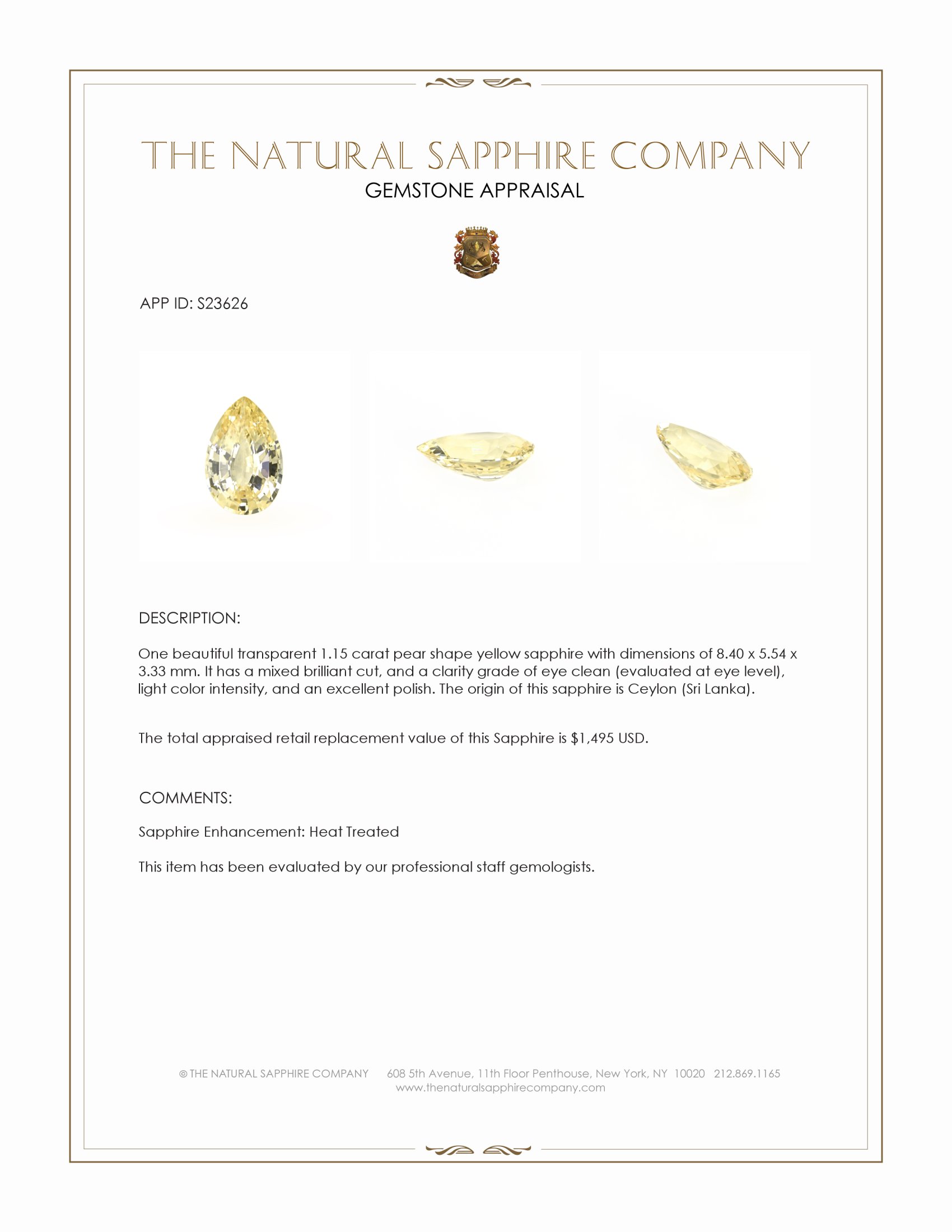 1.15 Ct. Yellow Sapphire from Ceylon (Sri Lanka)