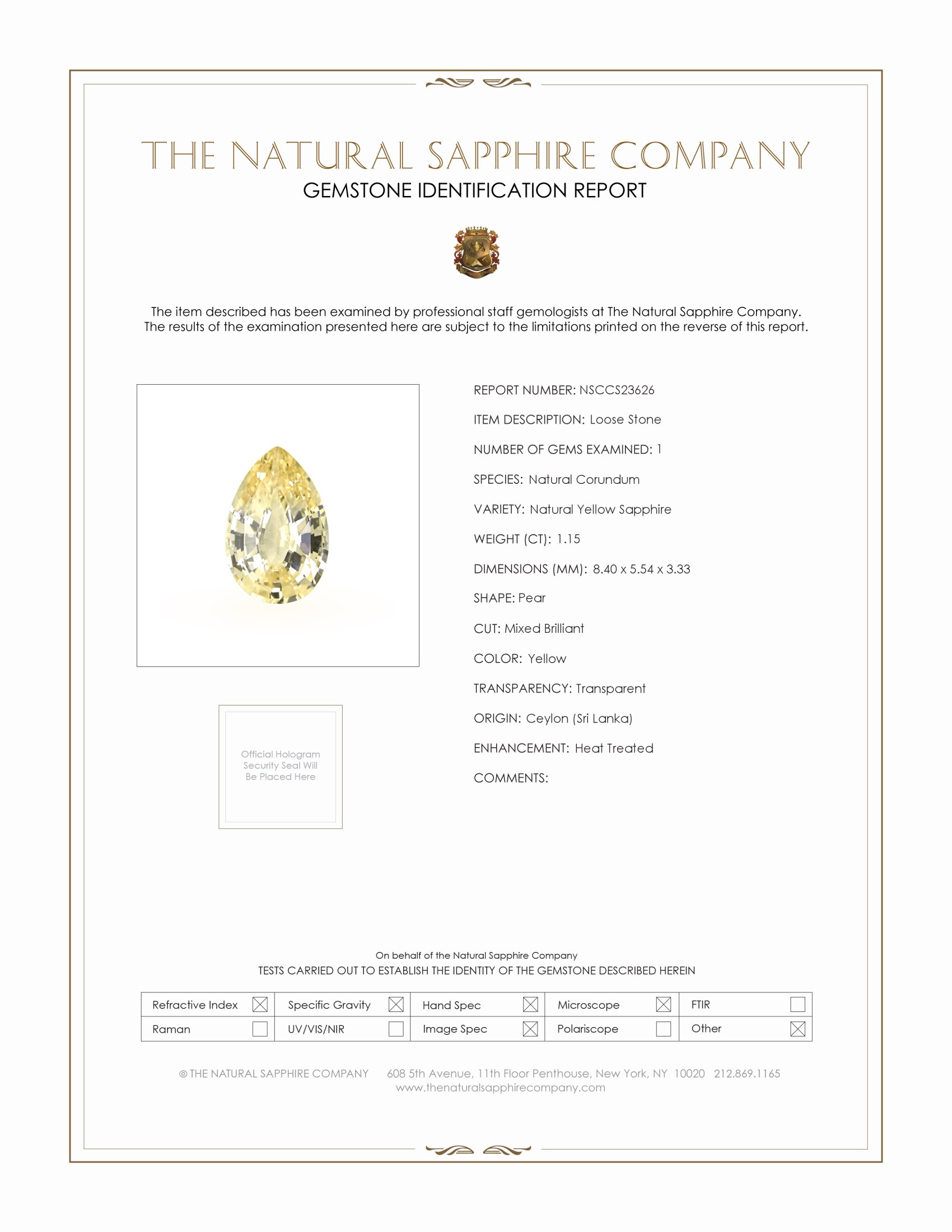 1.15 Ct. Yellow Sapphire from Ceylon (Sri Lanka)