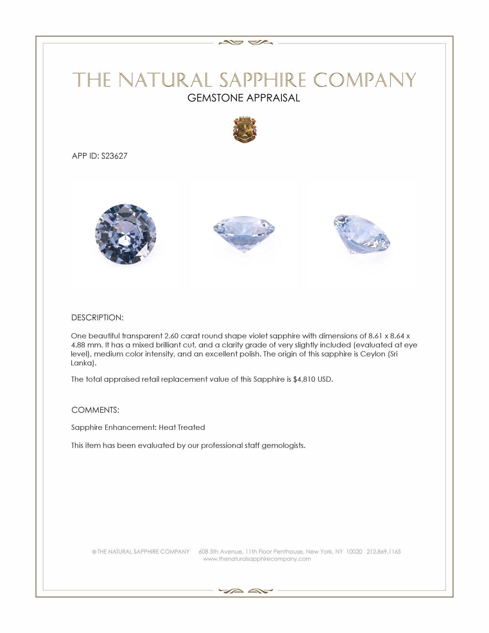 2.60 Ct. Violet Sapphire from Ceylon (Sri Lanka)