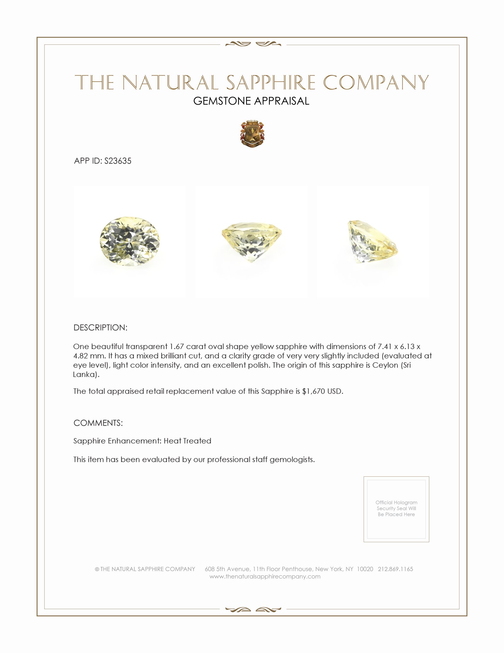 1.67 Ct. Yellow Sapphire from Ceylon (Sri Lanka)