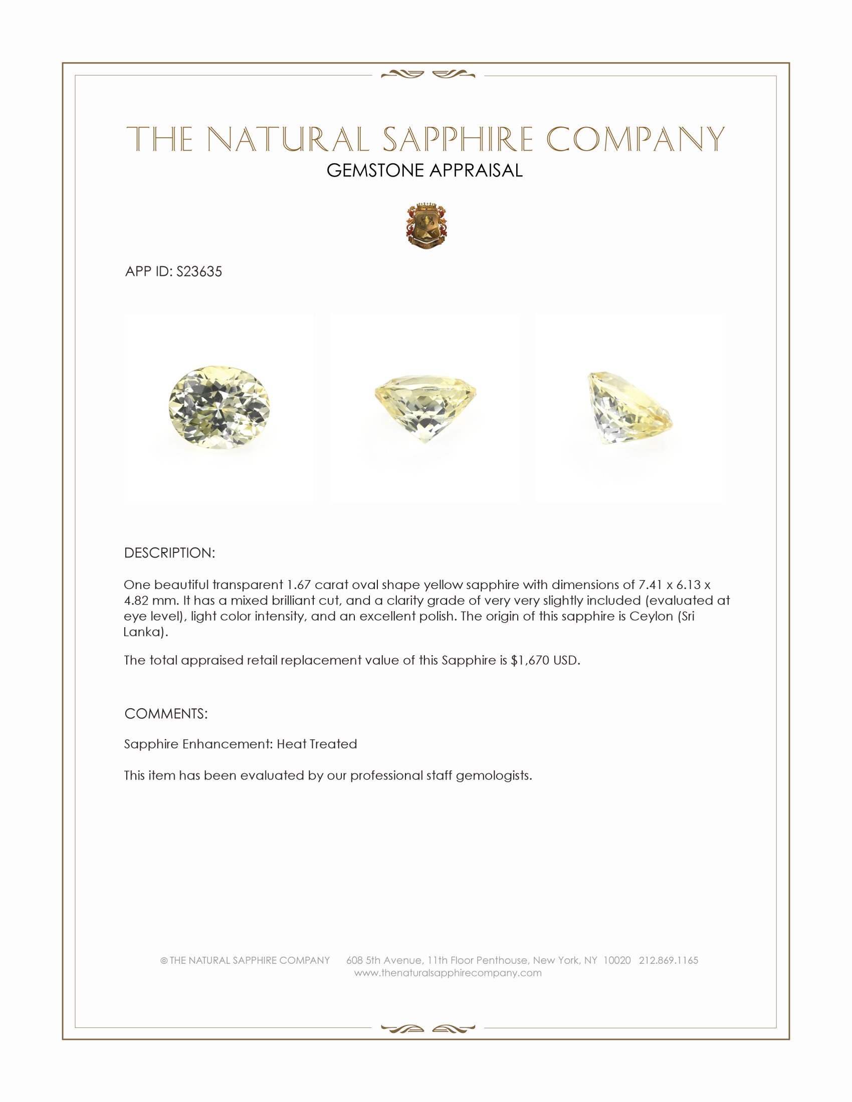 1.67 Ct. Yellow Sapphire from Ceylon (Sri Lanka)