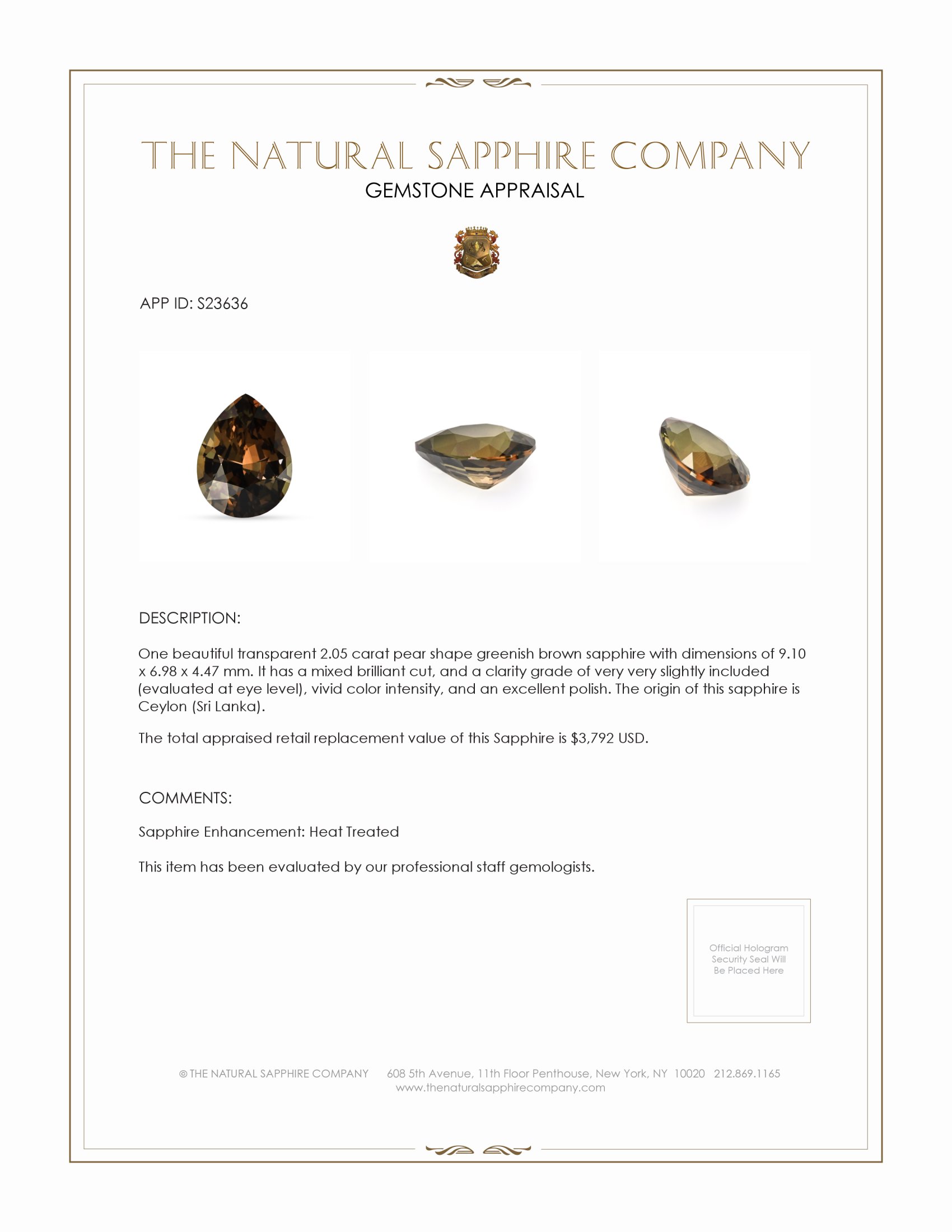 2.05 Ct. Greenish Brown Sapphire from Ceylon (Sri Lanka)