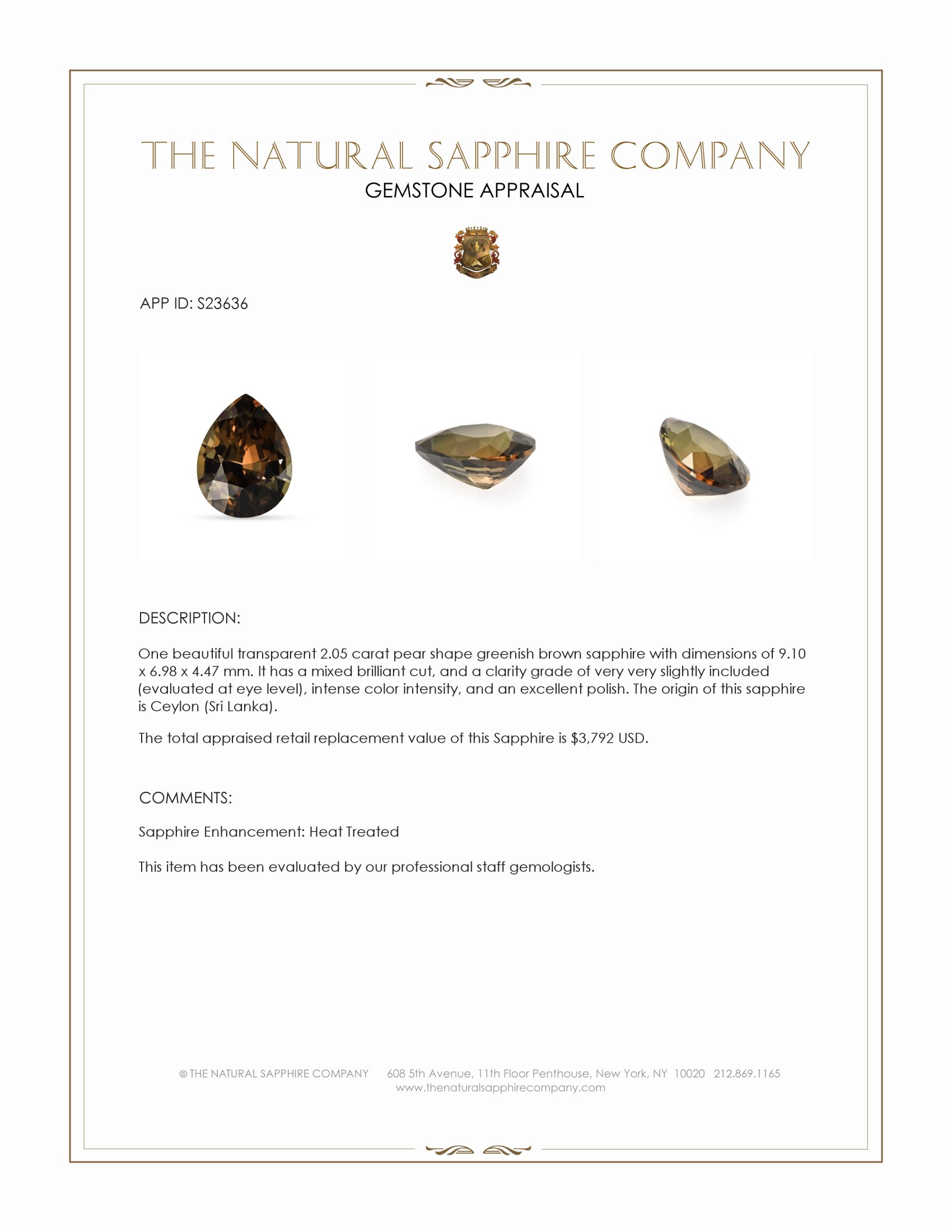 2.05 Ct. Greenish Brown Sapphire from Ceylon (Sri Lanka)
