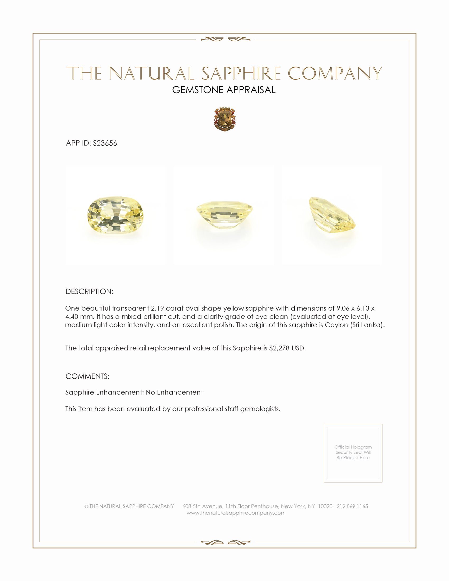 2.19 Ct. Yellow Sapphire from Ceylon (Sri Lanka)