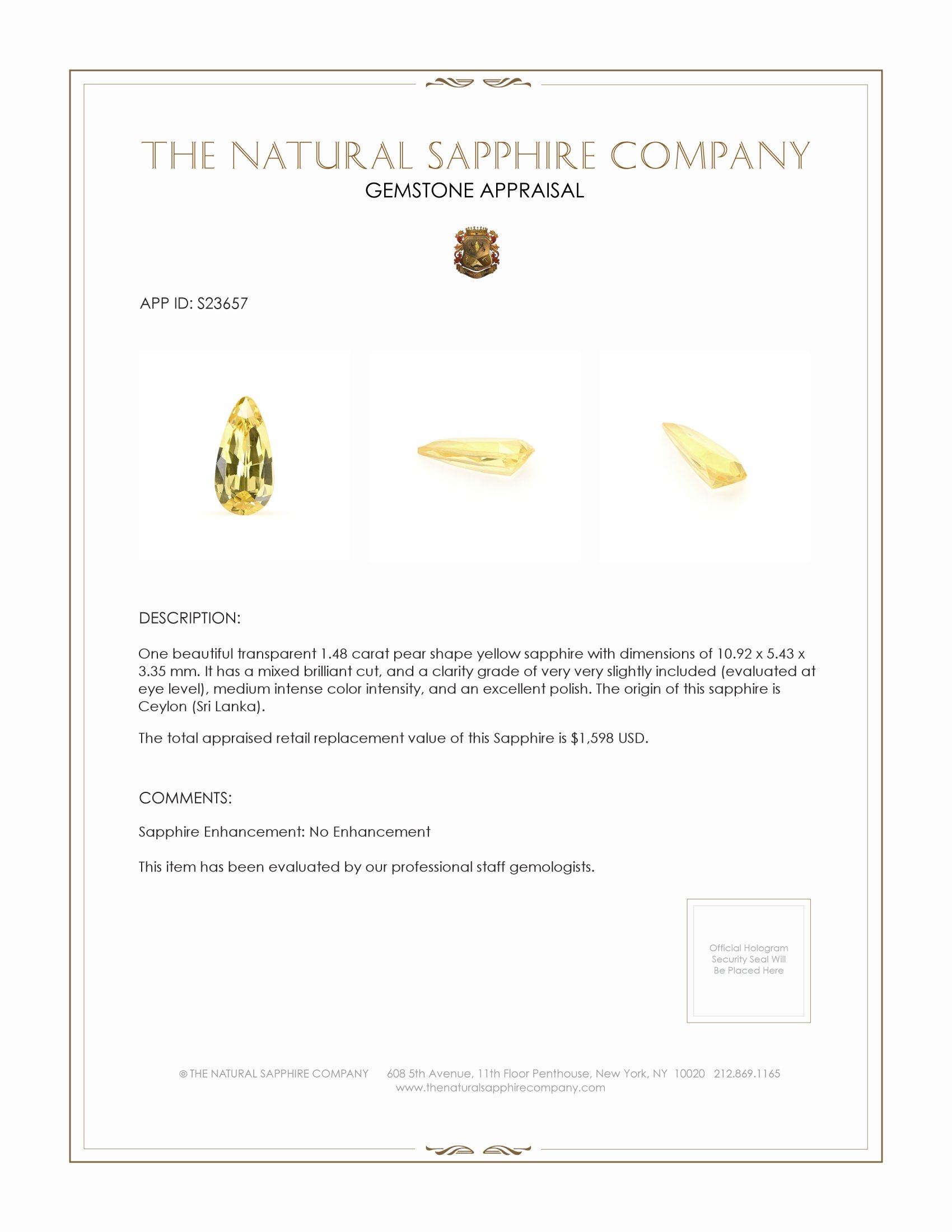 1.48 Ct. Yellow Sapphire from Ceylon (Sri Lanka)