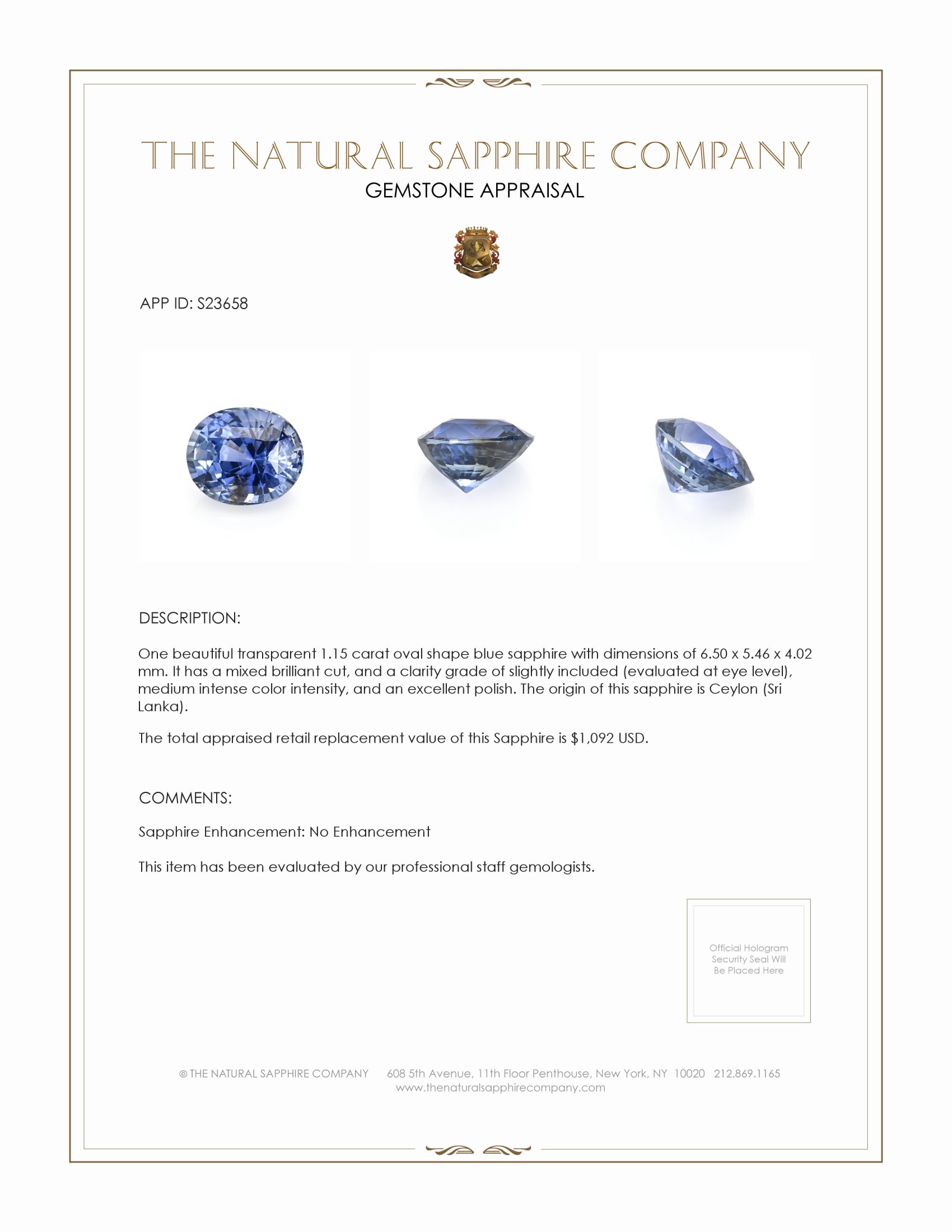 1.15 Ct. Blue Sapphire from Ceylon (Sri Lanka)