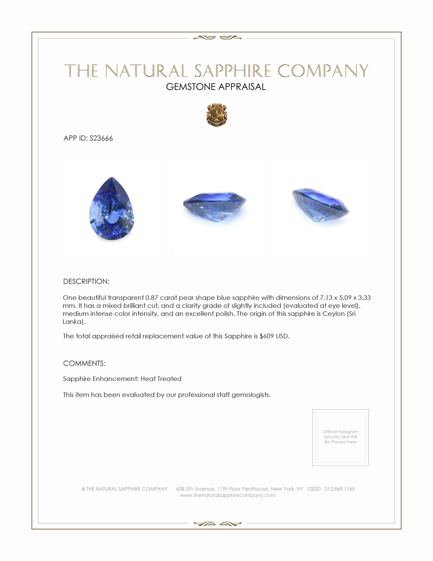 0.87 Ct. Blue Sapphire from Ceylon (Sri Lanka)