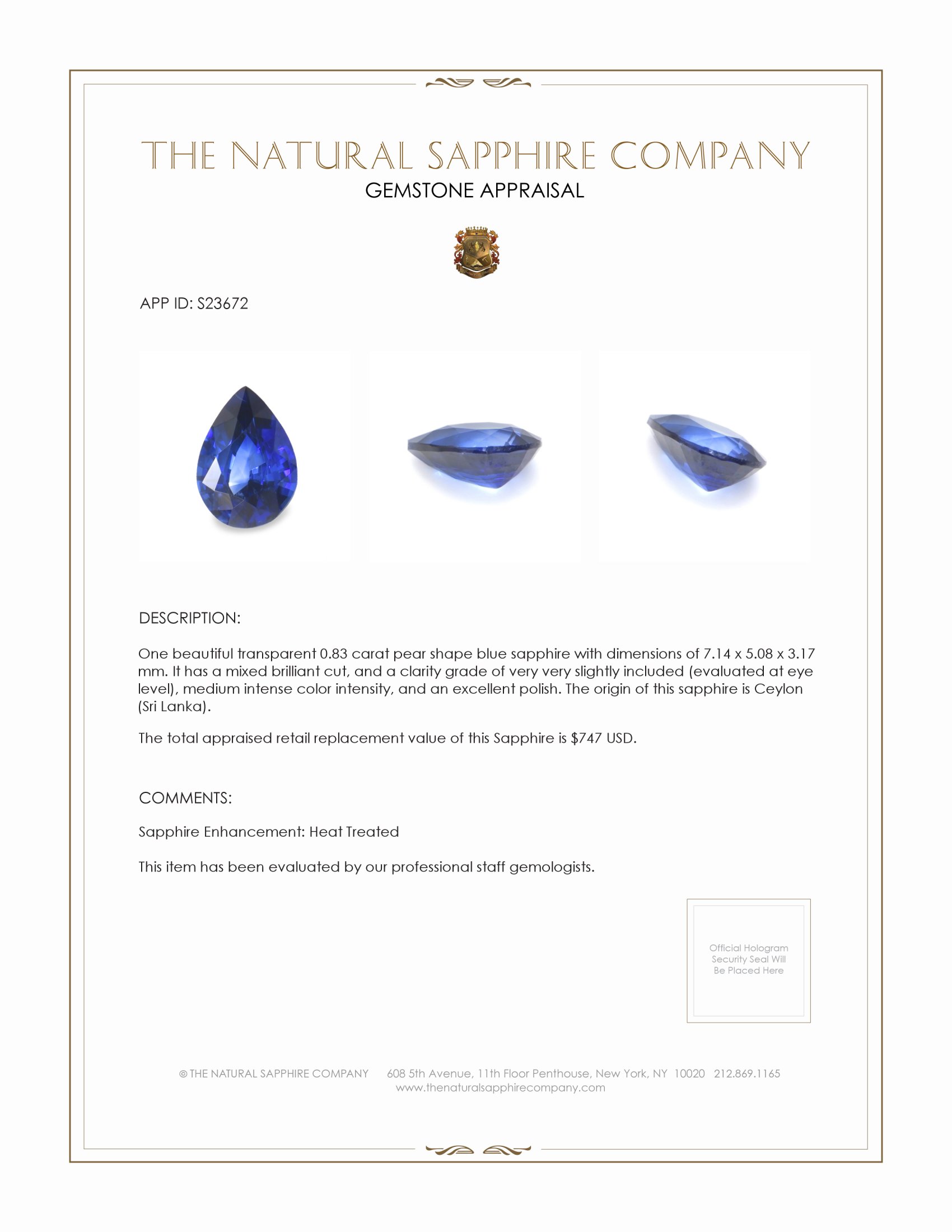 0.83 Ct. Blue Sapphire from Ceylon (Sri Lanka)