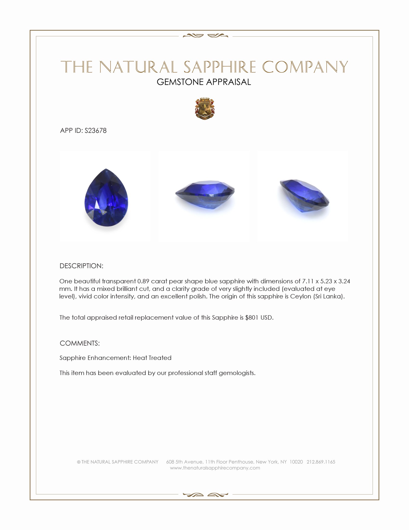 0.89 Ct. Blue Sapphire from Ceylon (Sri Lanka)