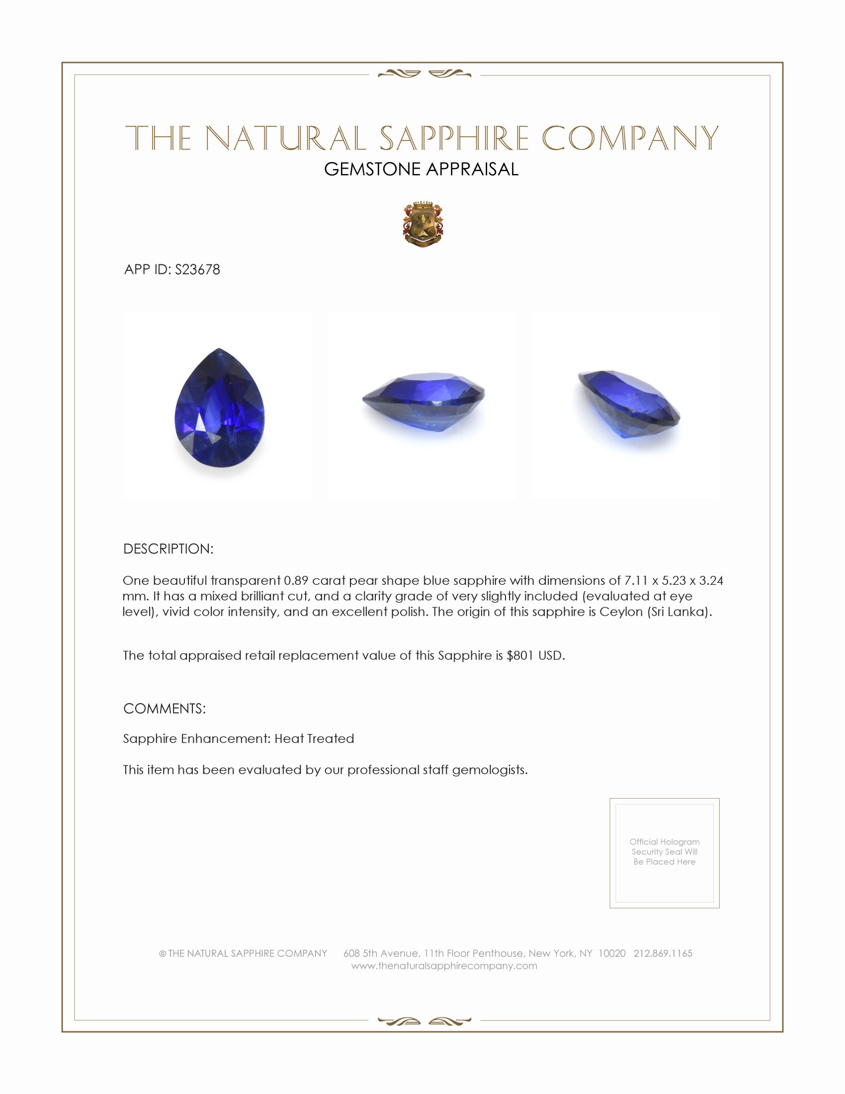 0.89 Ct. Blue Sapphire from Ceylon (Sri Lanka)