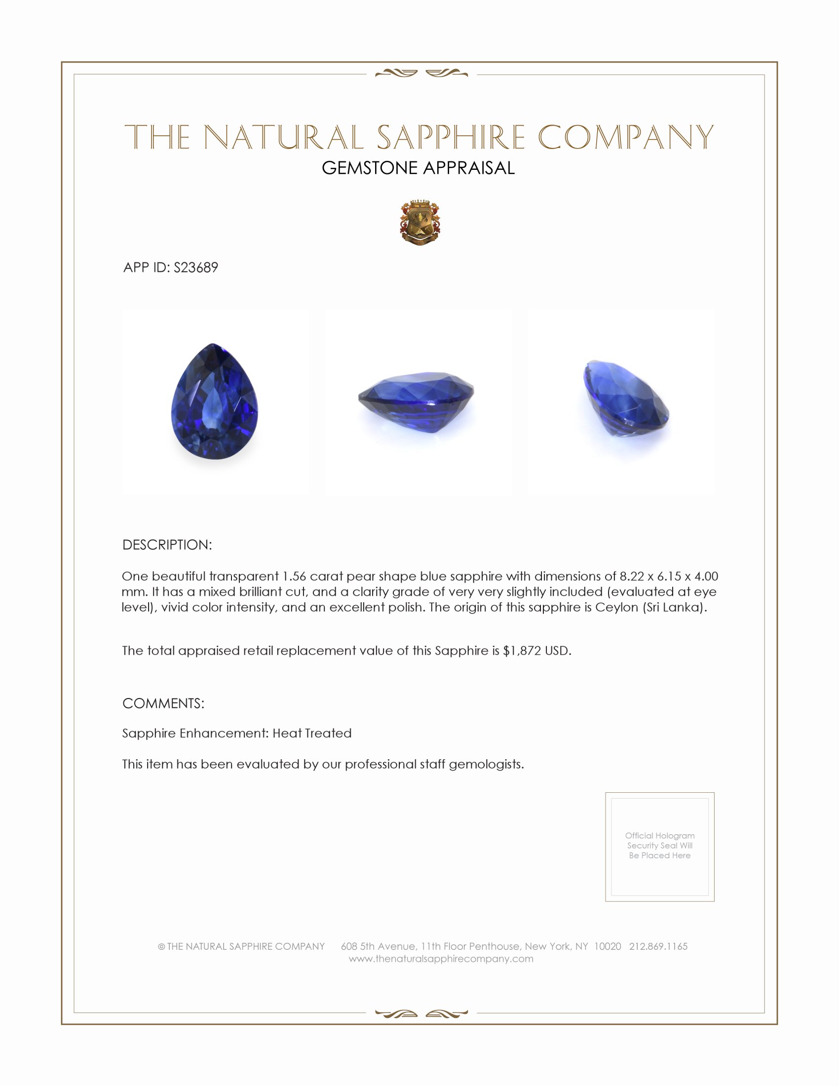1.56 Ct. Blue Sapphire from Ceylon (Sri Lanka)