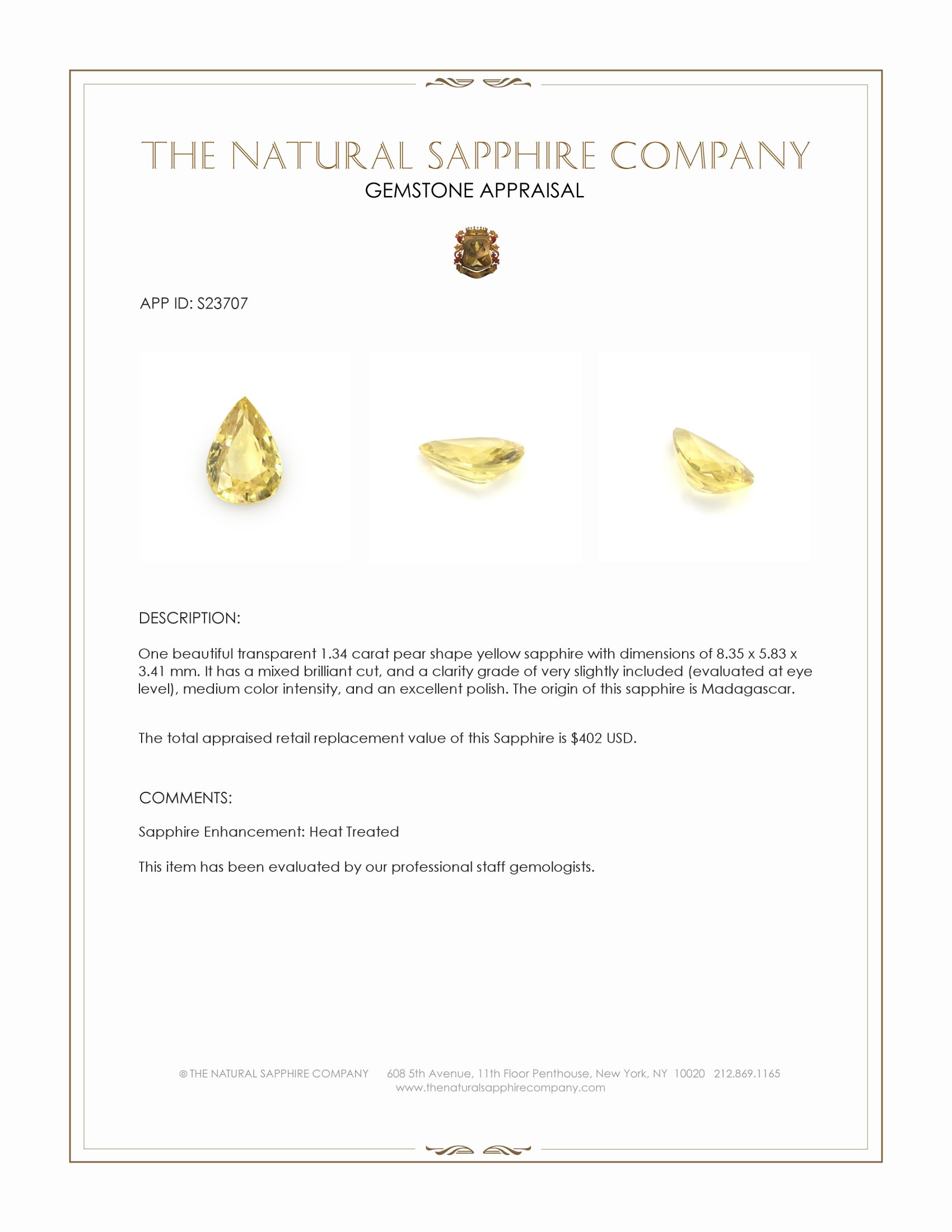 1.34 Ct. Yellow Sapphire from Madagascar